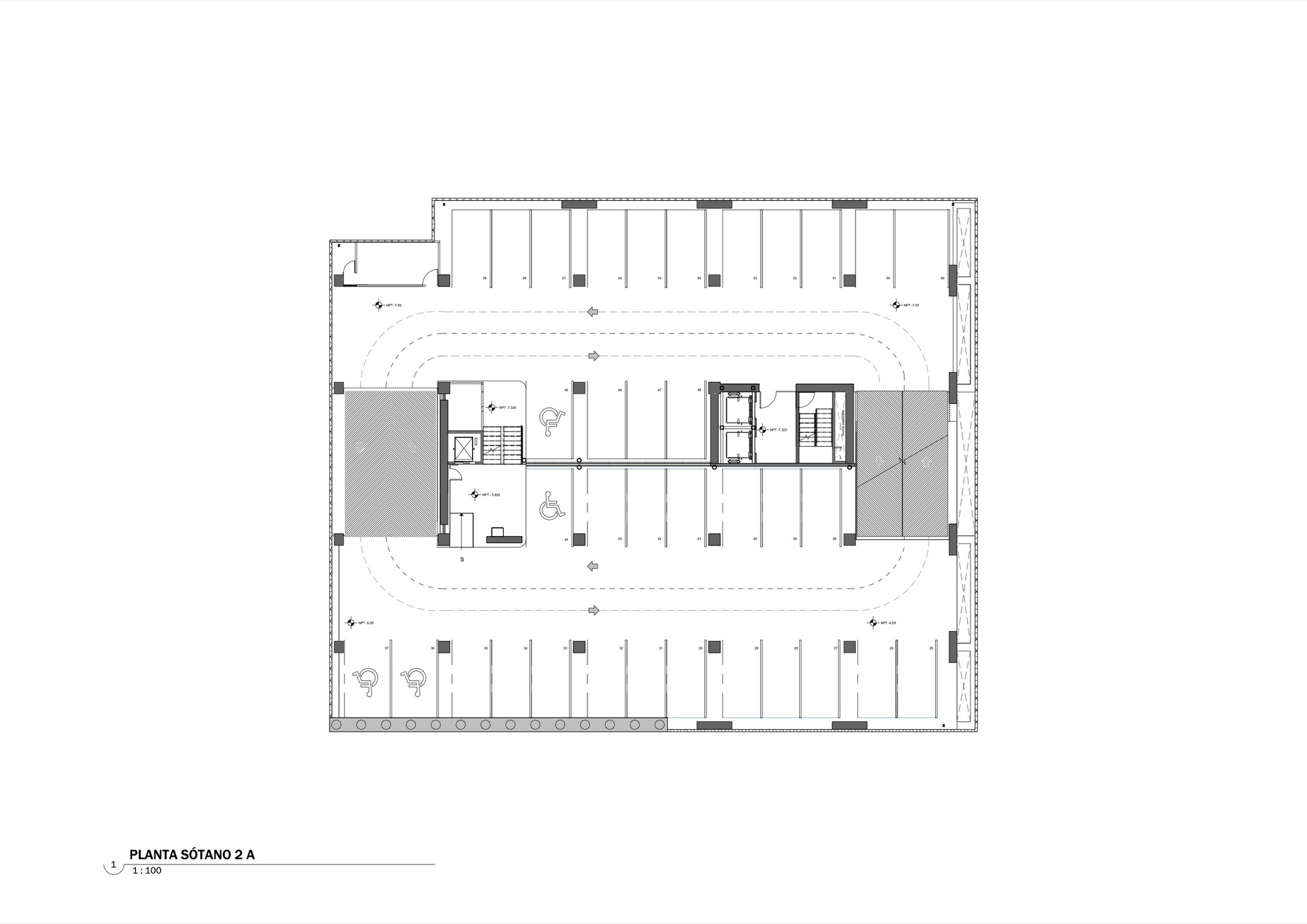 Floor plan showing underground parking level with curved ramps and central core with two staircases