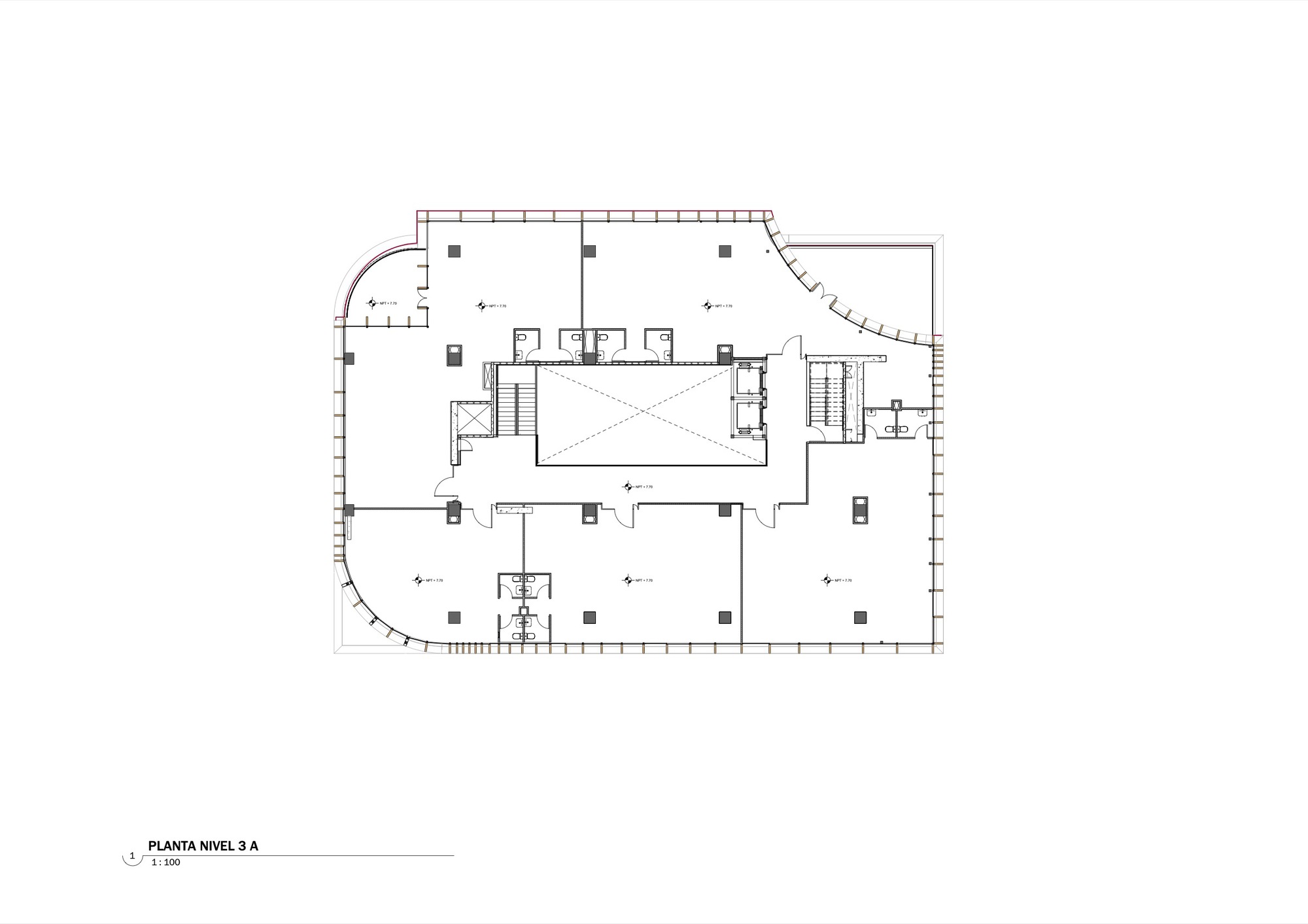 Third level floor plan with curved corner balcony and central atrium topped by diagonal skylight