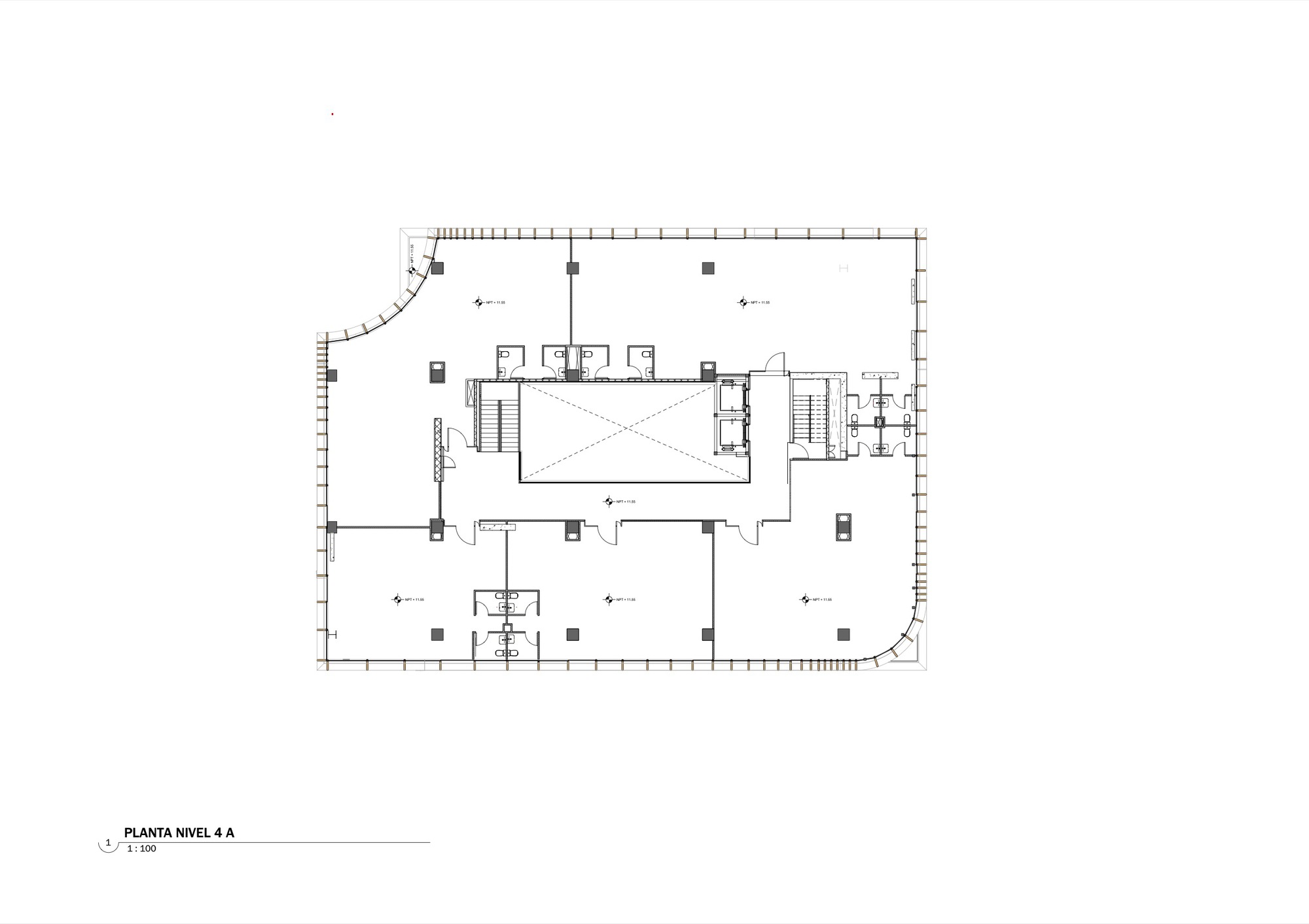 Fourth level floor plan showing central skylit atrium with flanking stairs and curved corner terrace