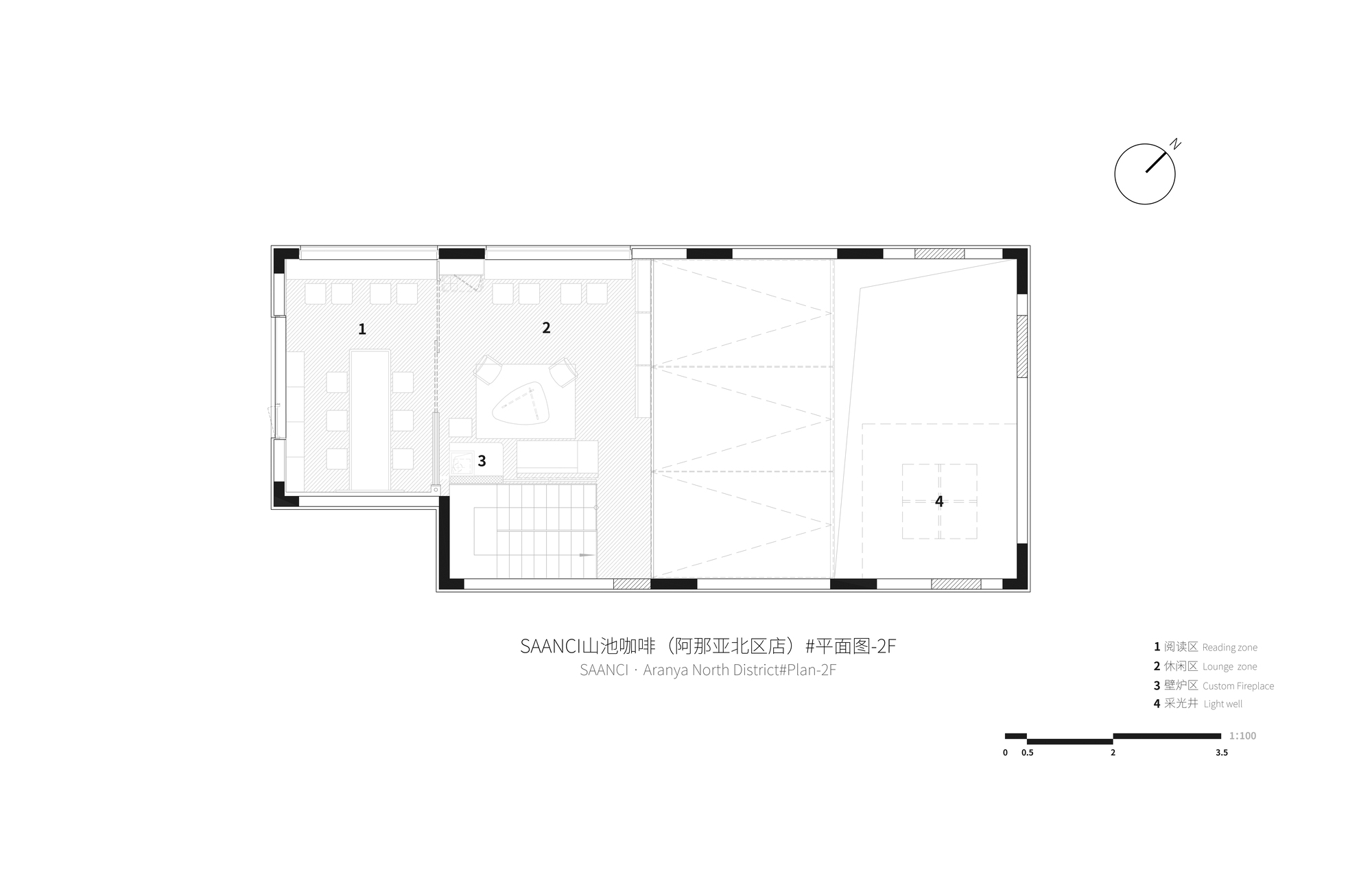 Second floor plan drawing showing bedroom spaces with a central staircase and bathroom