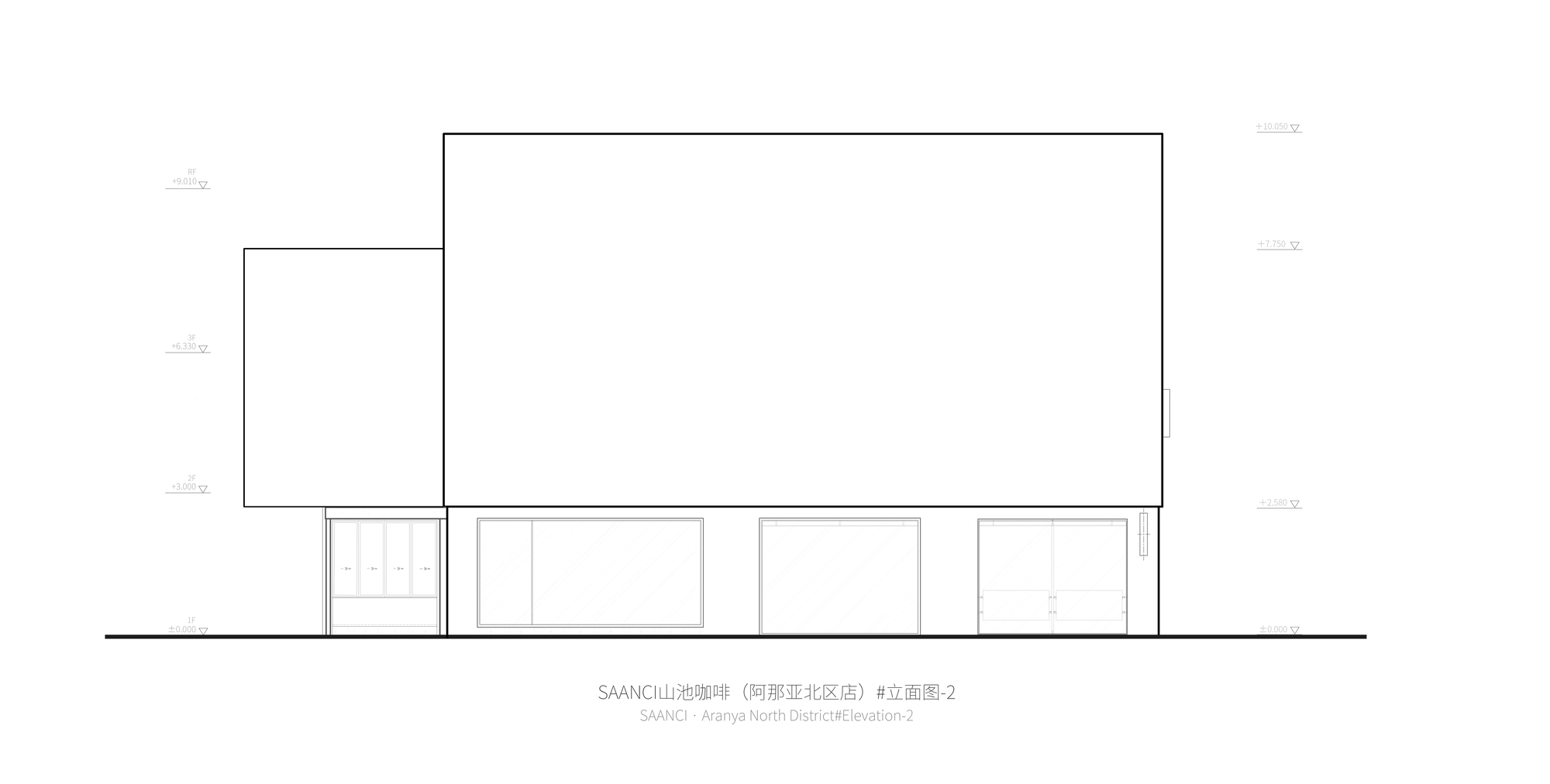 North elevation drawing showing a minimal facade with four ground-level openings