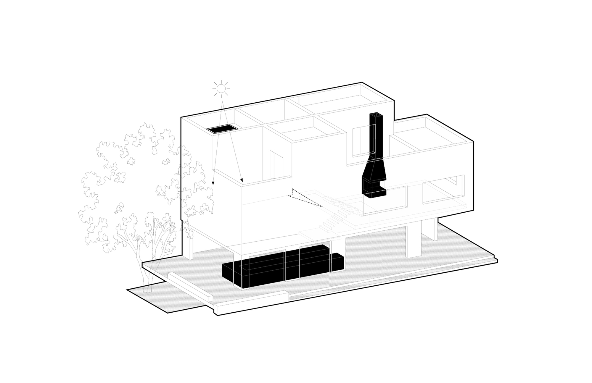 Axonometric cutaway drawing revealing interior spaces with furniture and a tree at the left edge