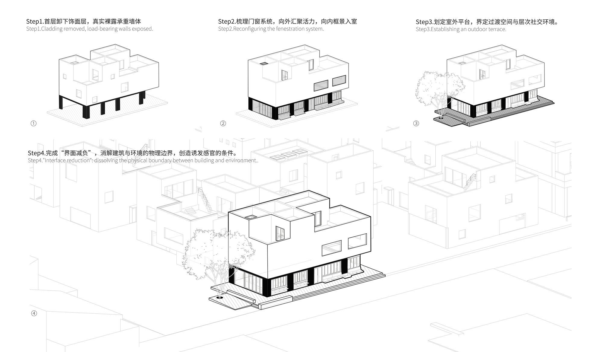 Diagram sequence showing four design development steps of the elevated house form with pilotis