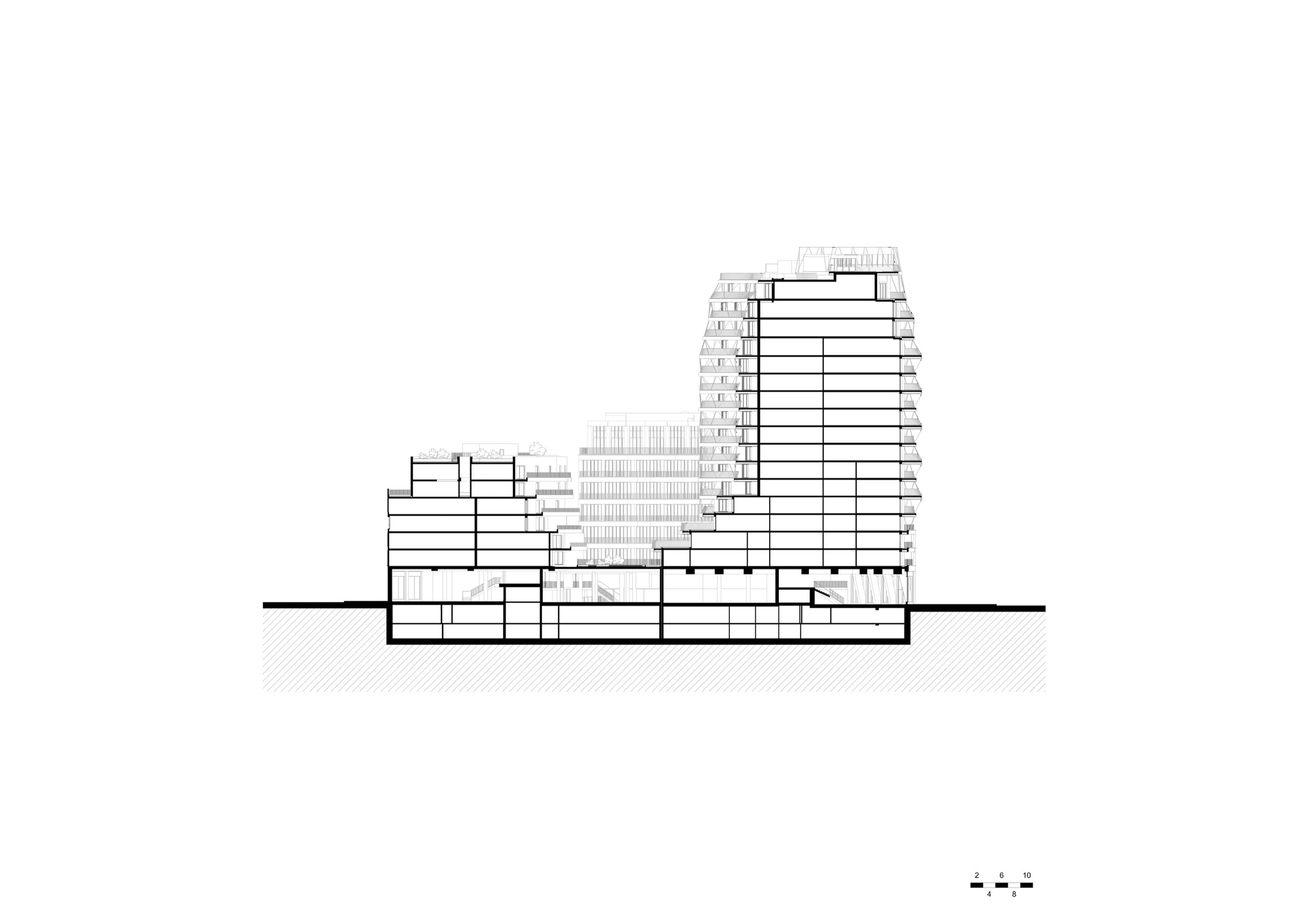Section drawing showing a tall tapering tower above a podium with underground levels below grade