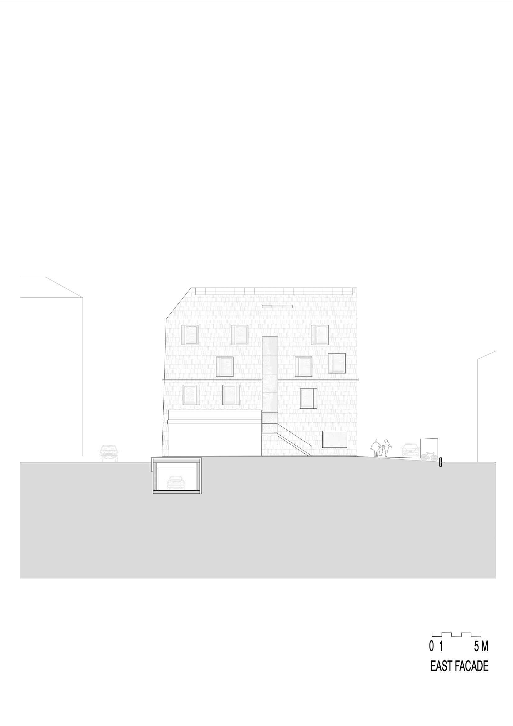 East facade elevation drawing showing rectangular window openings and an external stair with figures below