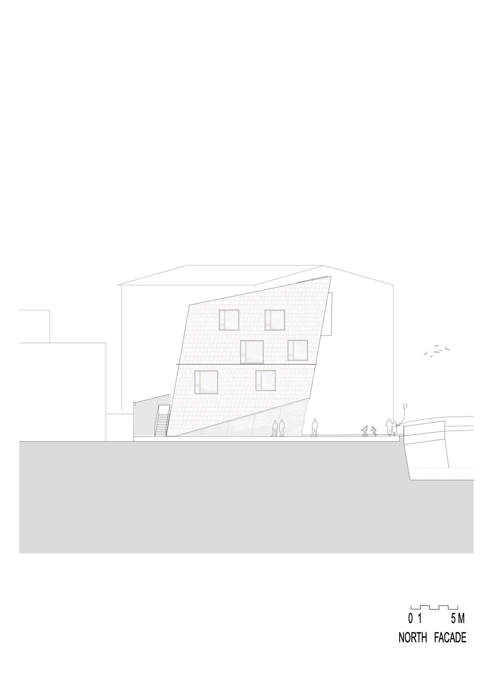North facade elevation drawing depicting the angled wall plane with scattered windows and walking figures