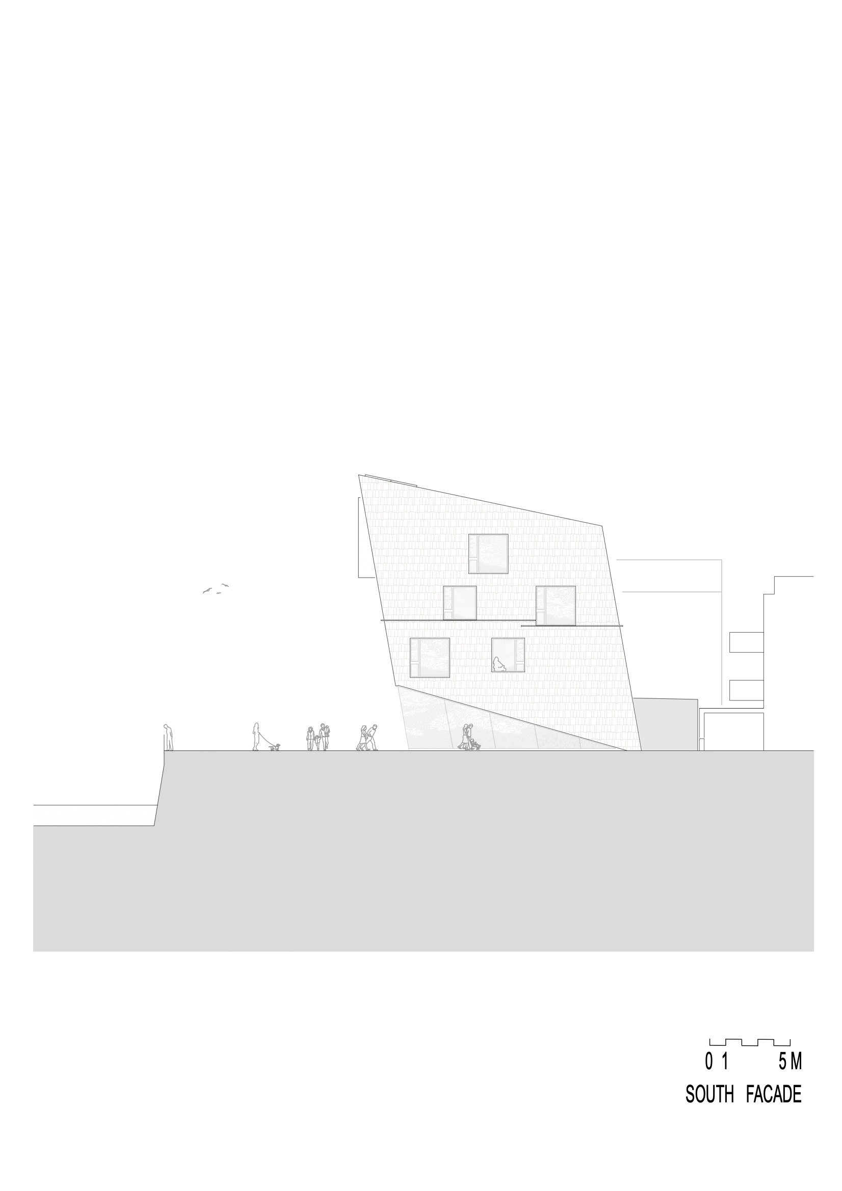 South facade elevation drawing showing the tilted wall surface with window openings and pedestrian figures