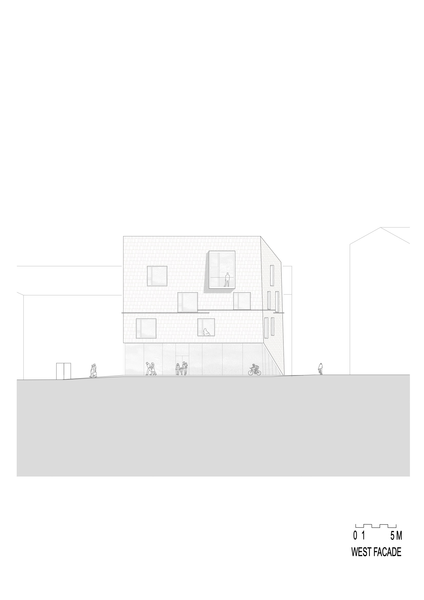 West facade elevation drawing showing a multi-story building with brick cladding and figures at street level