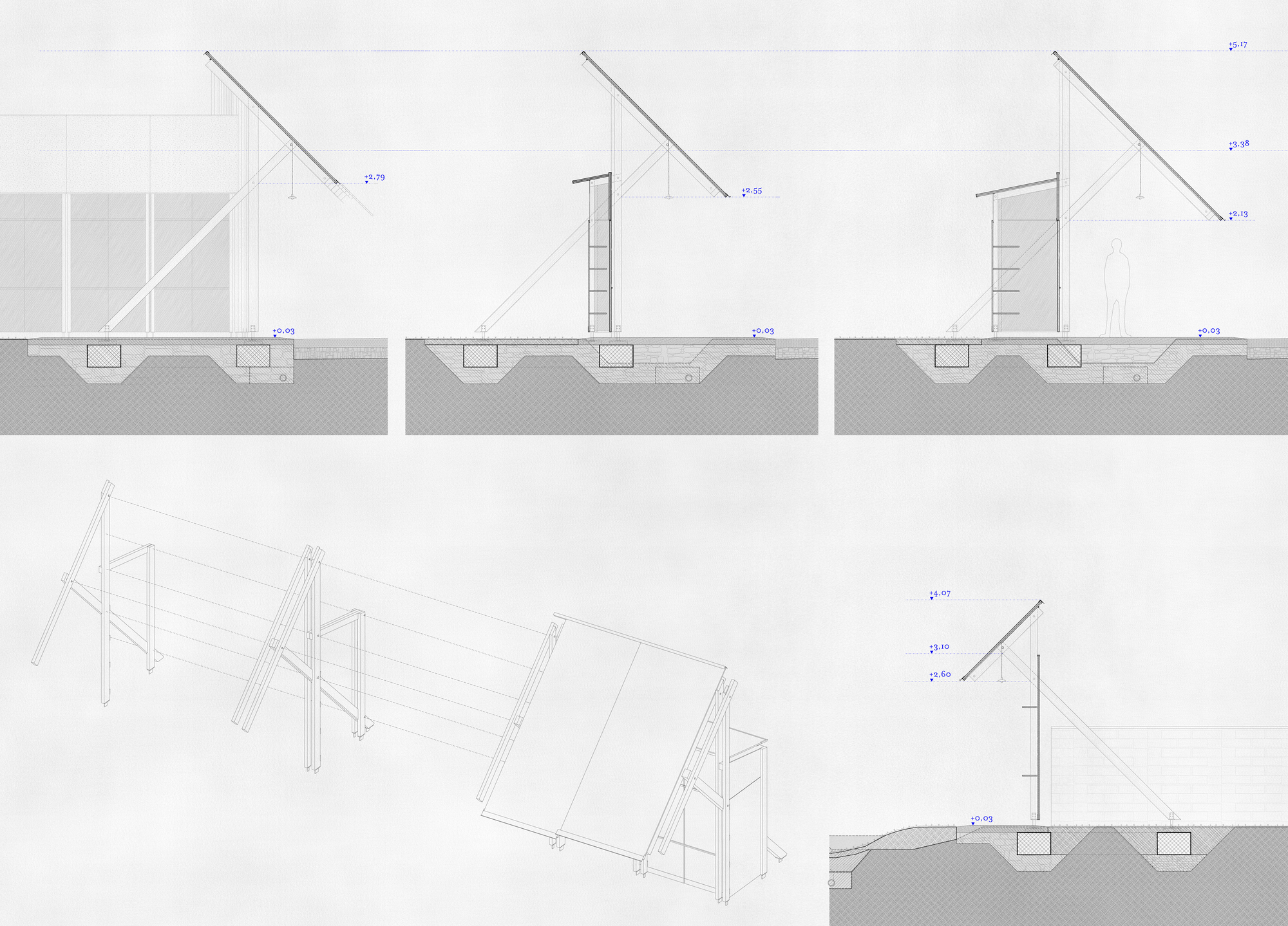 Section drawings illustrating the diagonal roof structure and timber column configurations