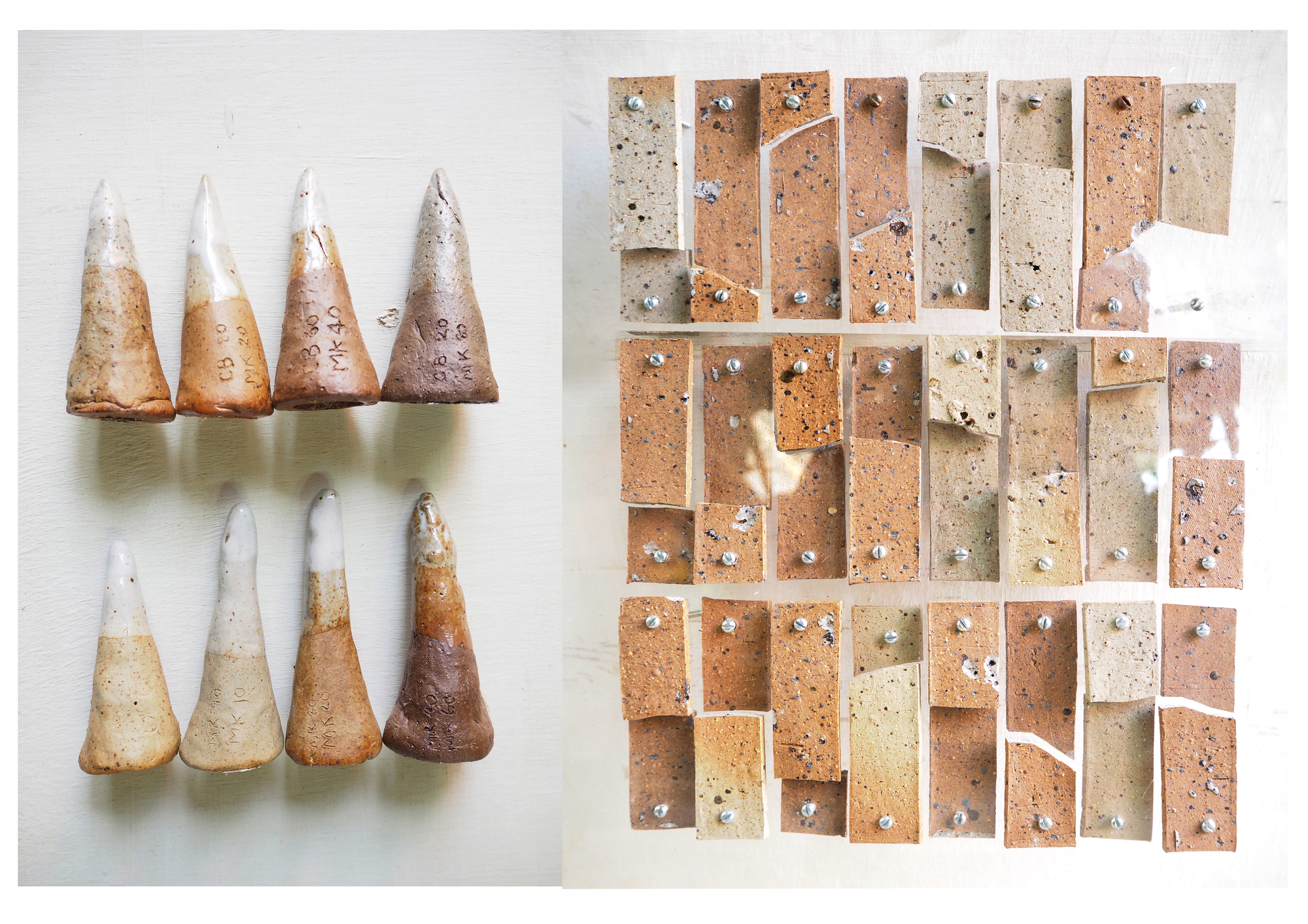Array of conical ceramic test samples and rectangular tile specimens displaying color and aggregate variations