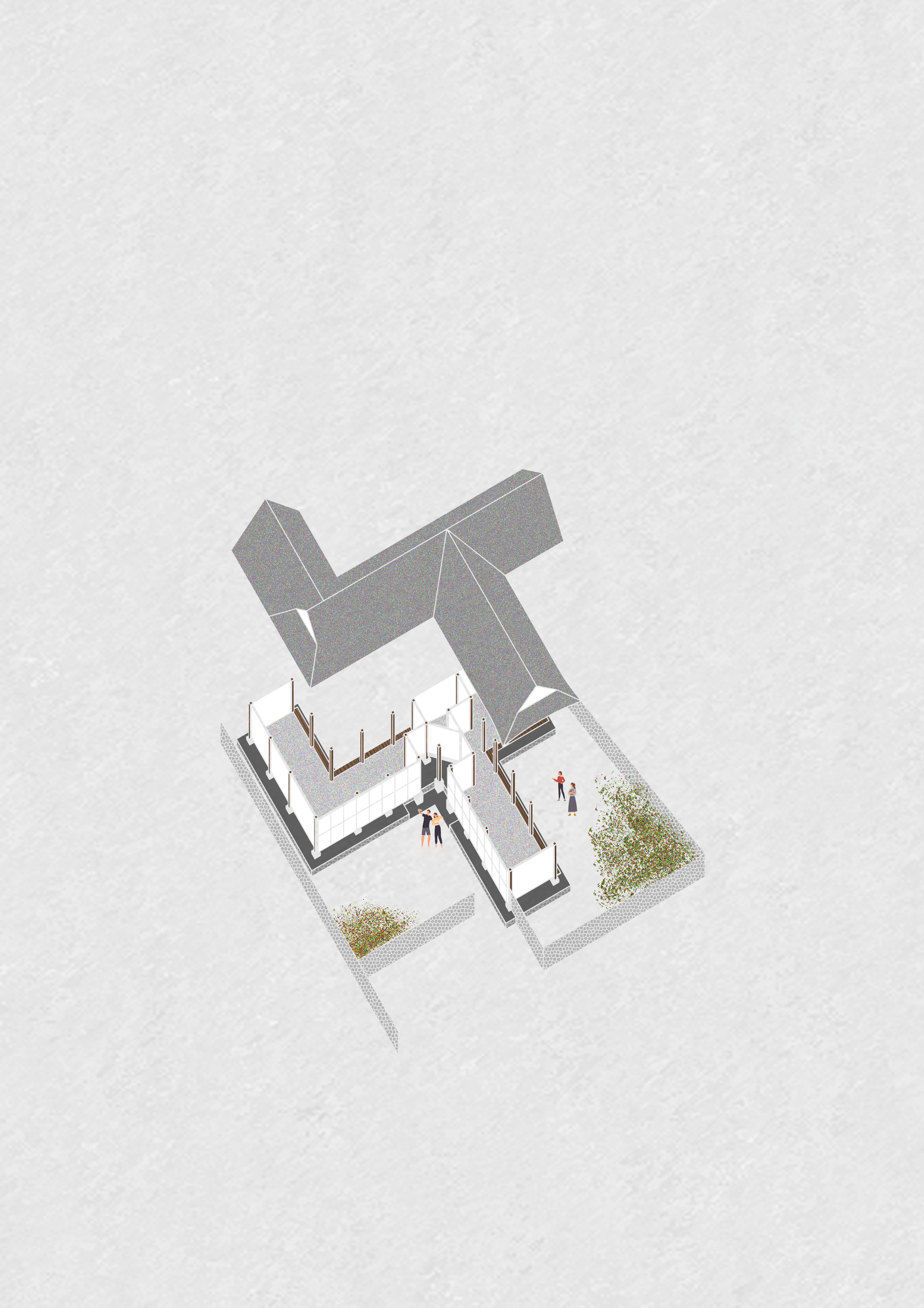 Axonometric drawing showing courtyard layout with tiled roofs and figures in the central space