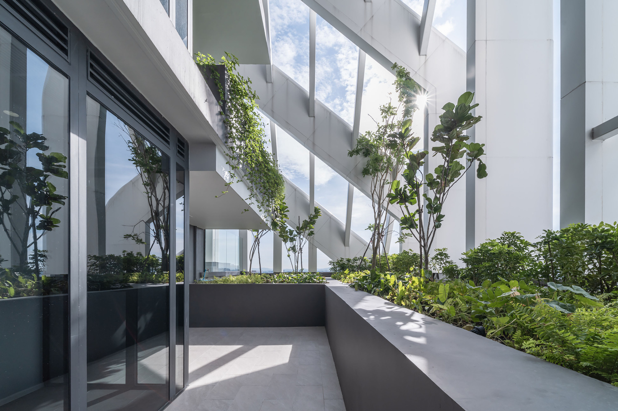 Planted terrace with raised grey planters and young trees beneath diagonal sunshading elements