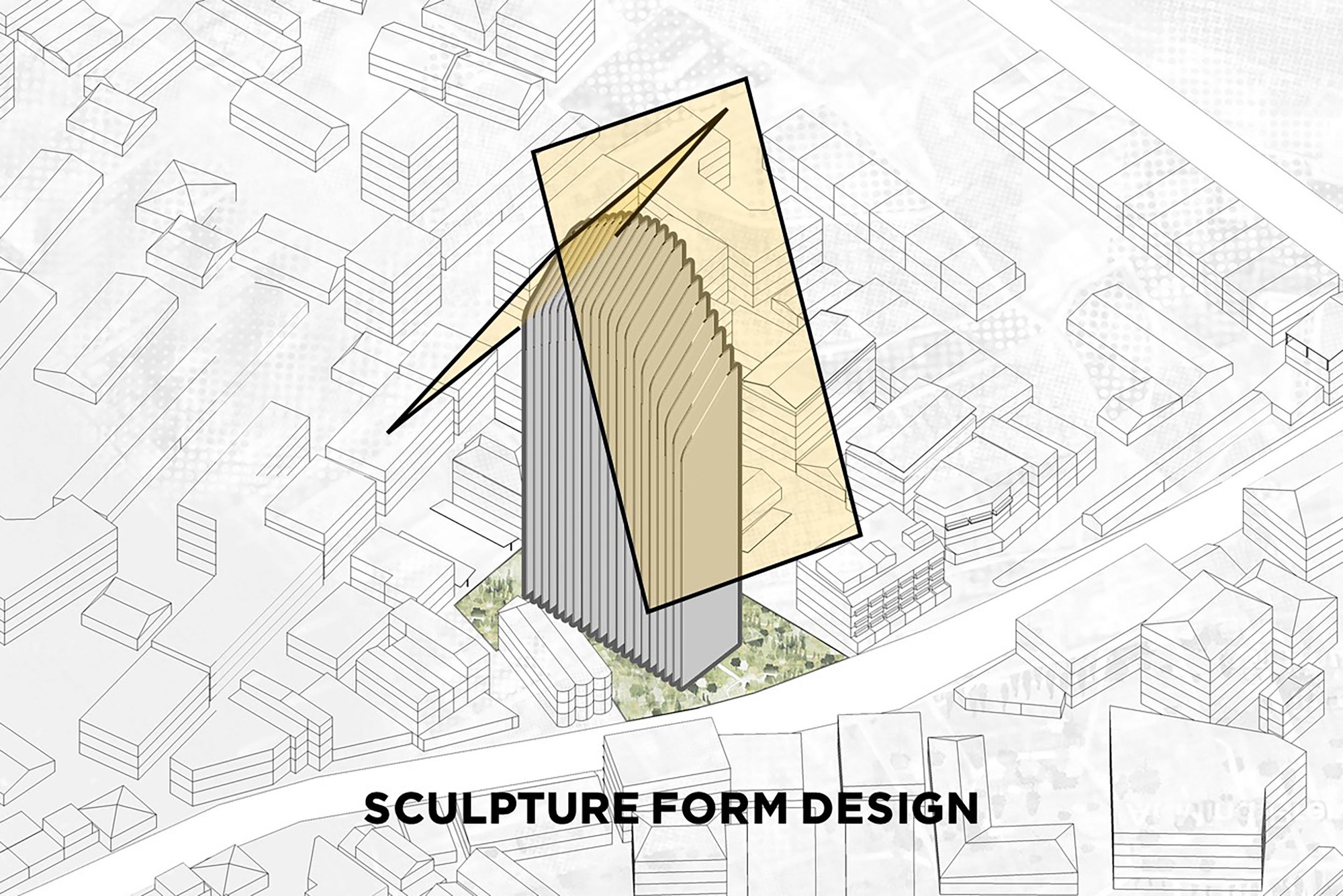 Axonometric drawing showing the tower with a curved sculptural crown element within the urban context