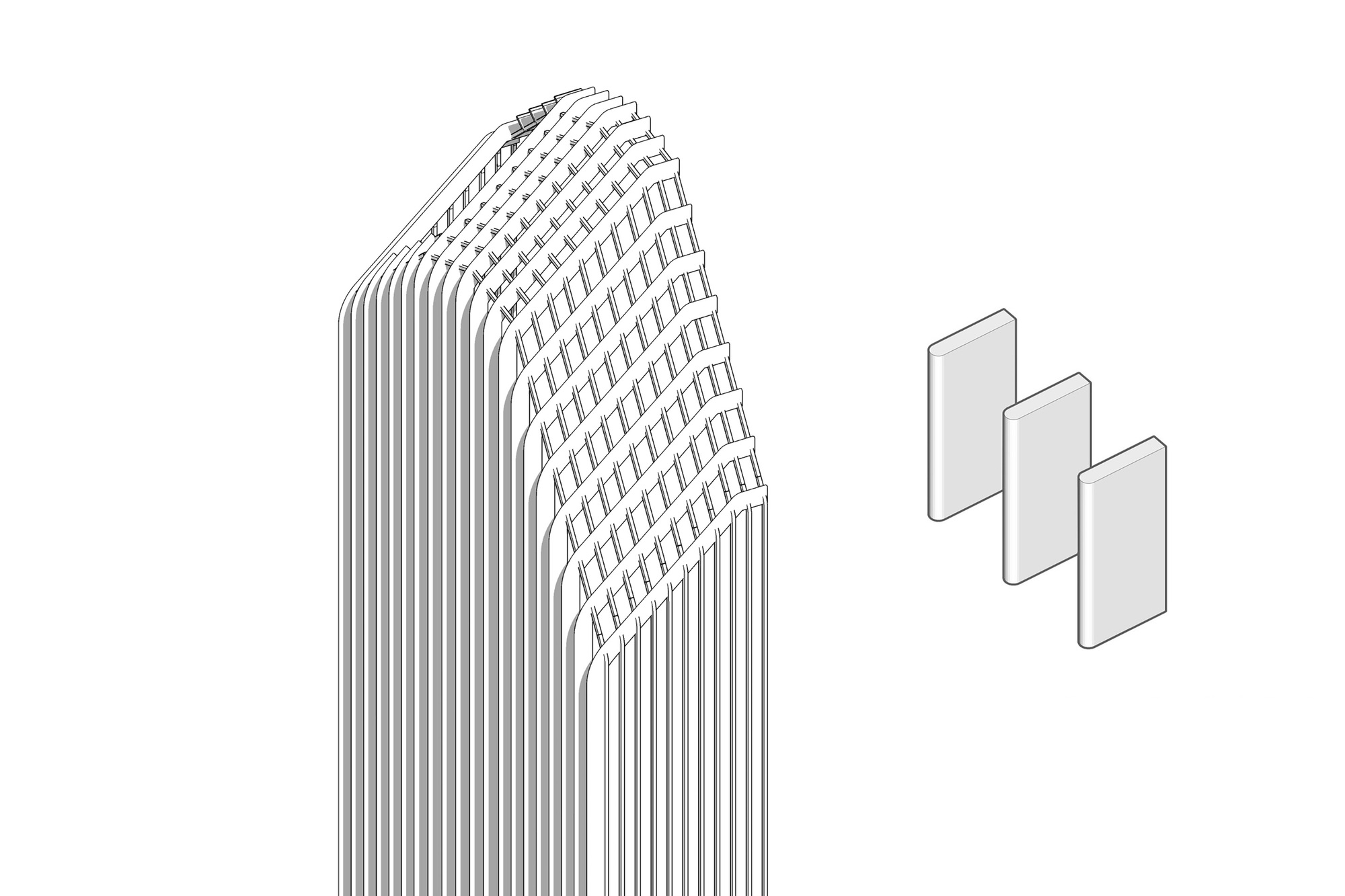 Axonometric drawing showing a tower with vertical ribbed facade and diagrid upper section with layered panels