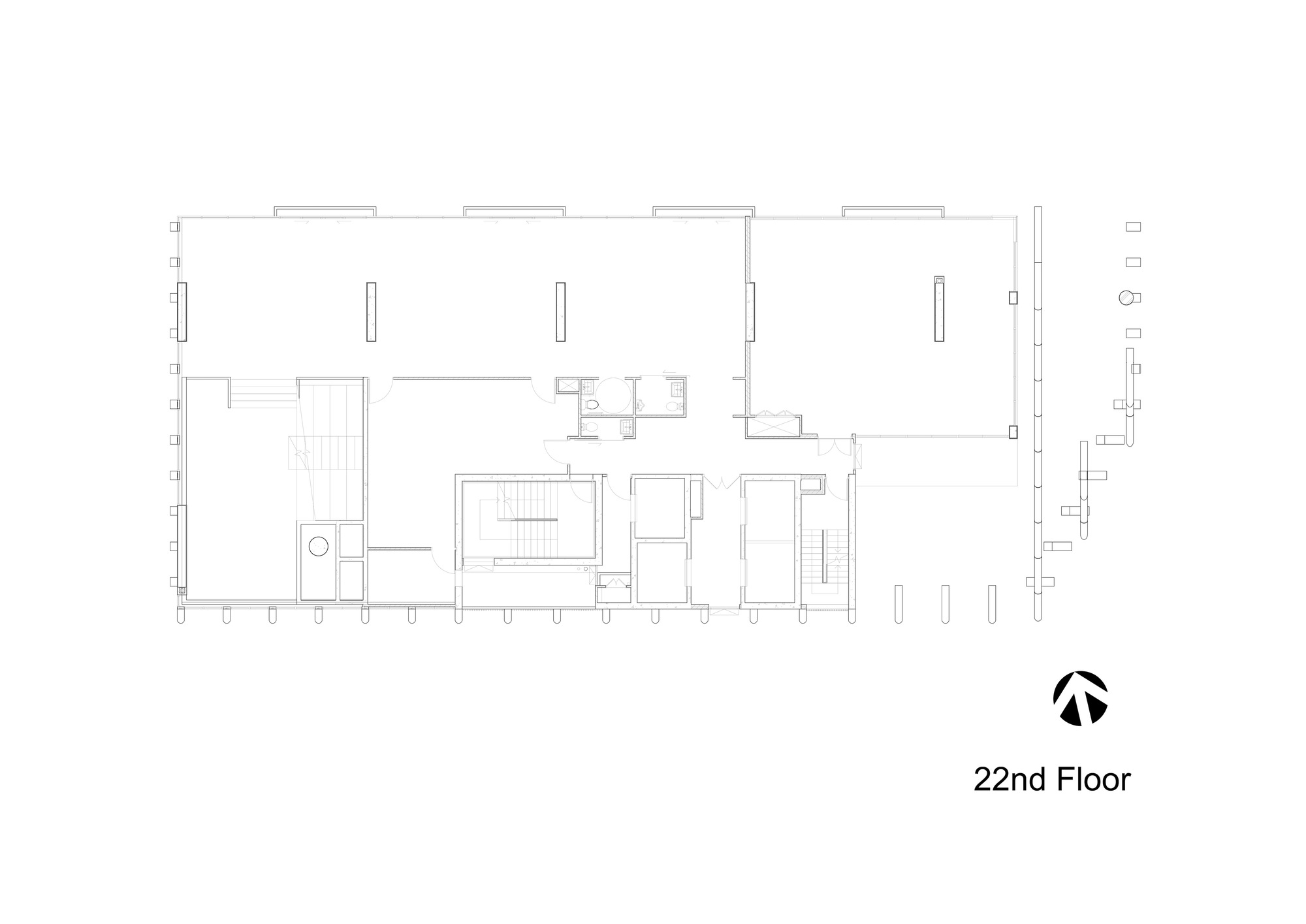 Twenty-second floor plan drawing showing open office spaces with central circulation core and meeting rooms
