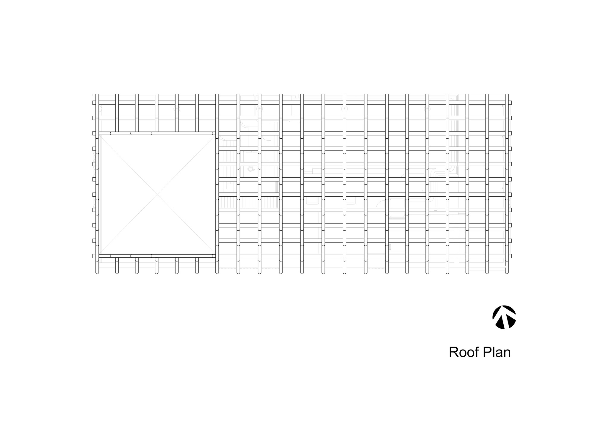 Roof plan drawing showing rectangular volume with regular grid of structural bays and diagonal element