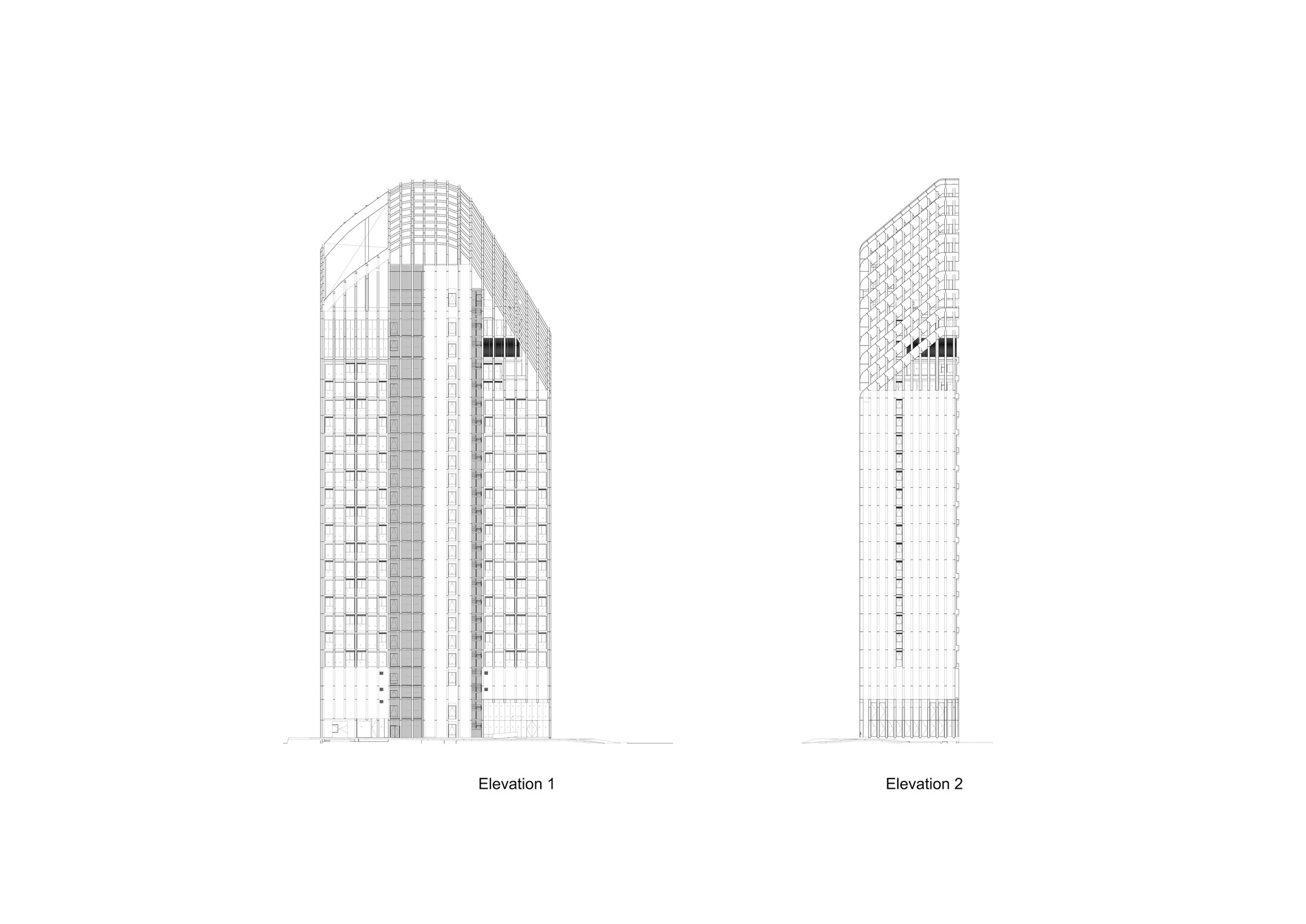 Elevation drawings of two high-rise towers with curved glass tops and grid facades