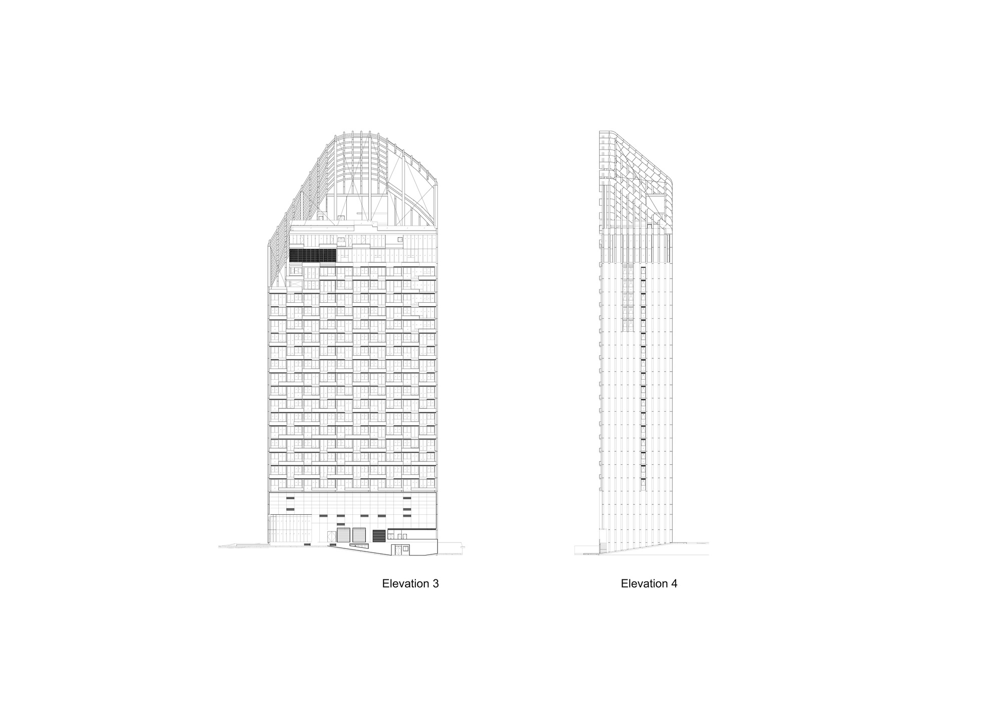 Elevation drawings showing two alternate facades of towers with rounded and angled roof profiles