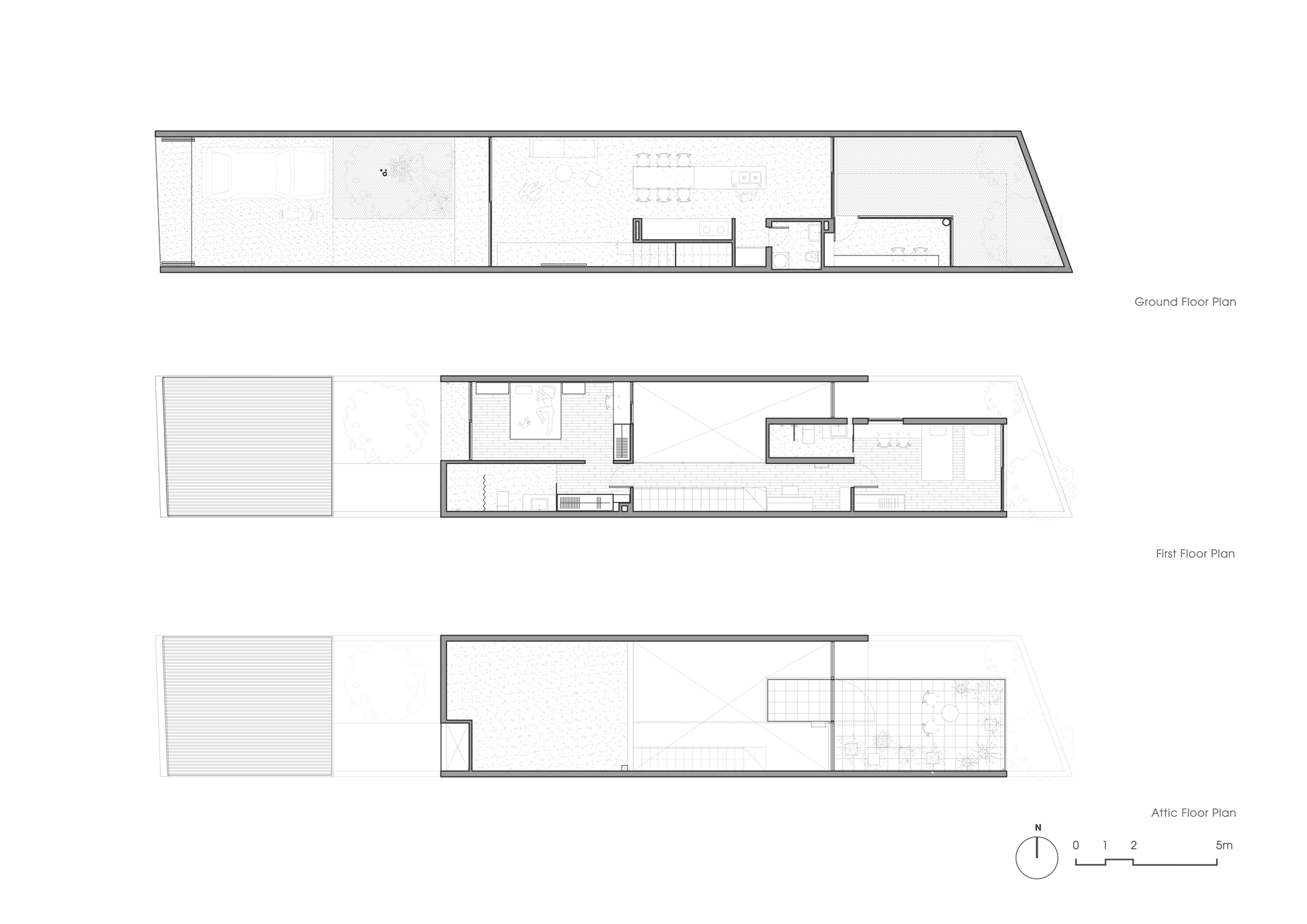 Floor plan drawings showing three levels of a narrow linear house with courtyard spaces
