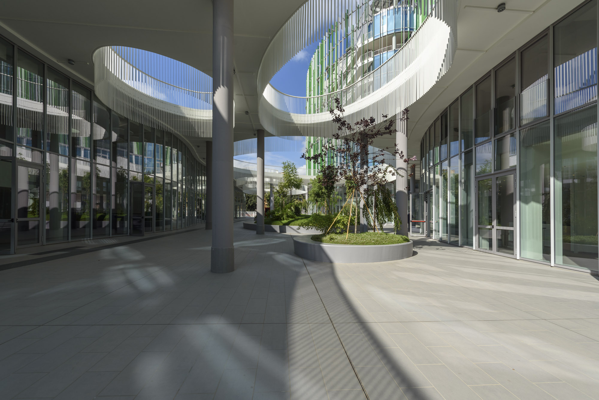 Covered courtyard beneath circular roof openings with central planted island and glazed perimeter walls casting shadows