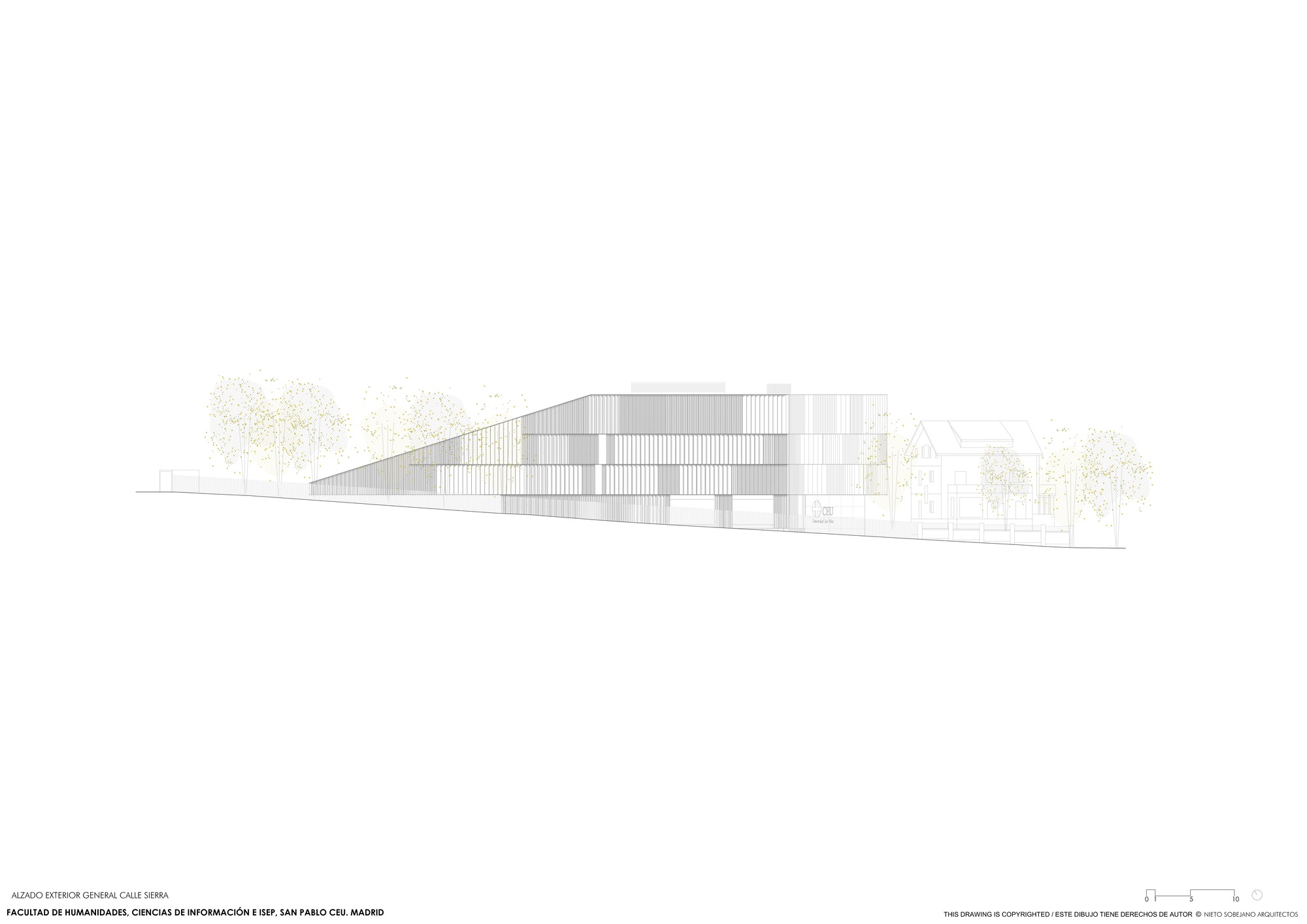 Elevation drawing showing low horizontal volumes with vertical louvered cladding and surrounding trees