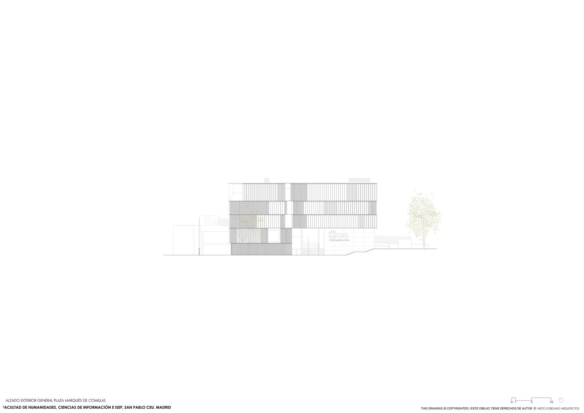 Elevation drawing showing a two-story rectilinear volume with layered louvered facade and single tree