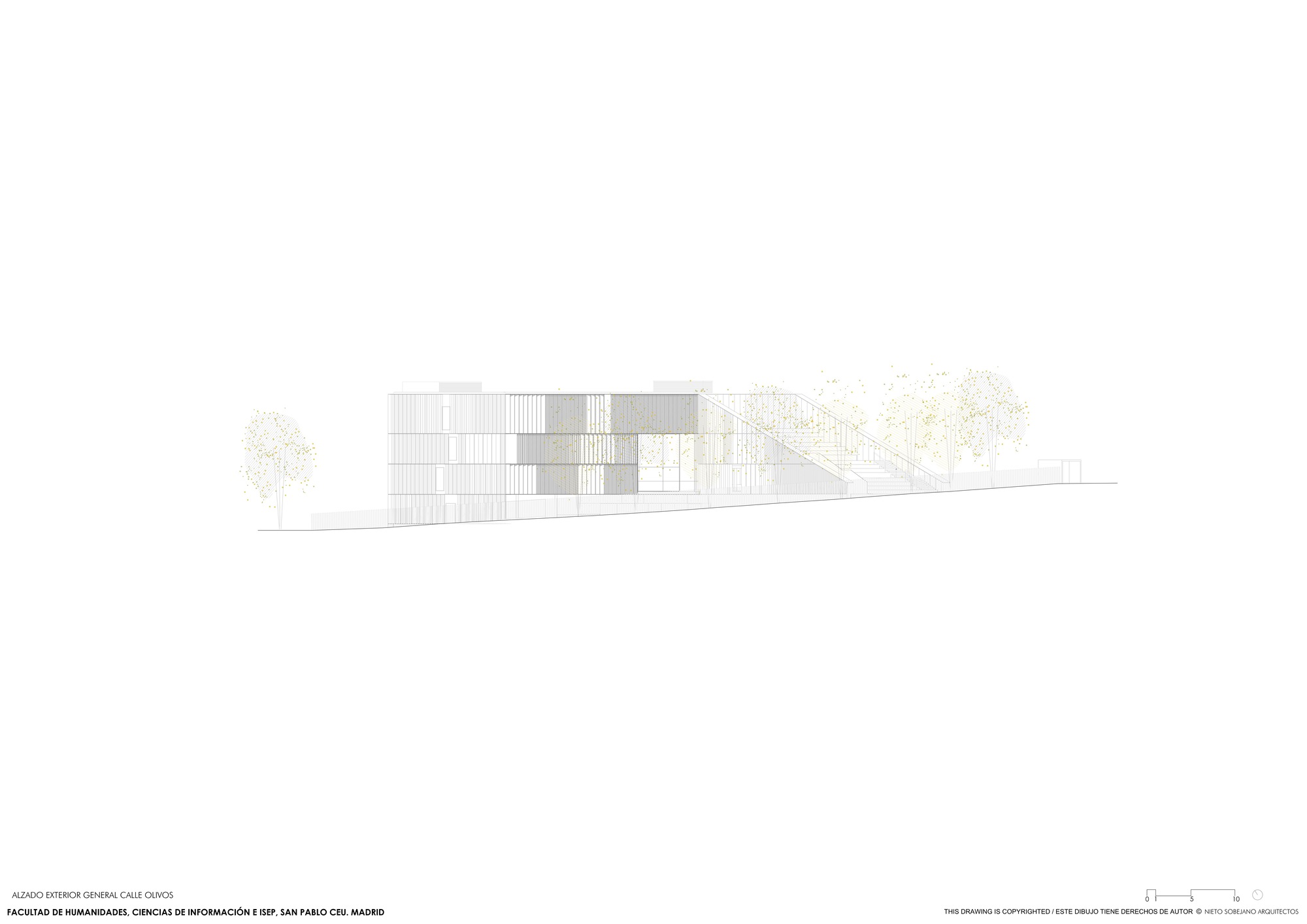 Elevation drawing showing horizontal volumes with louvered facade along a sloping grade with trees