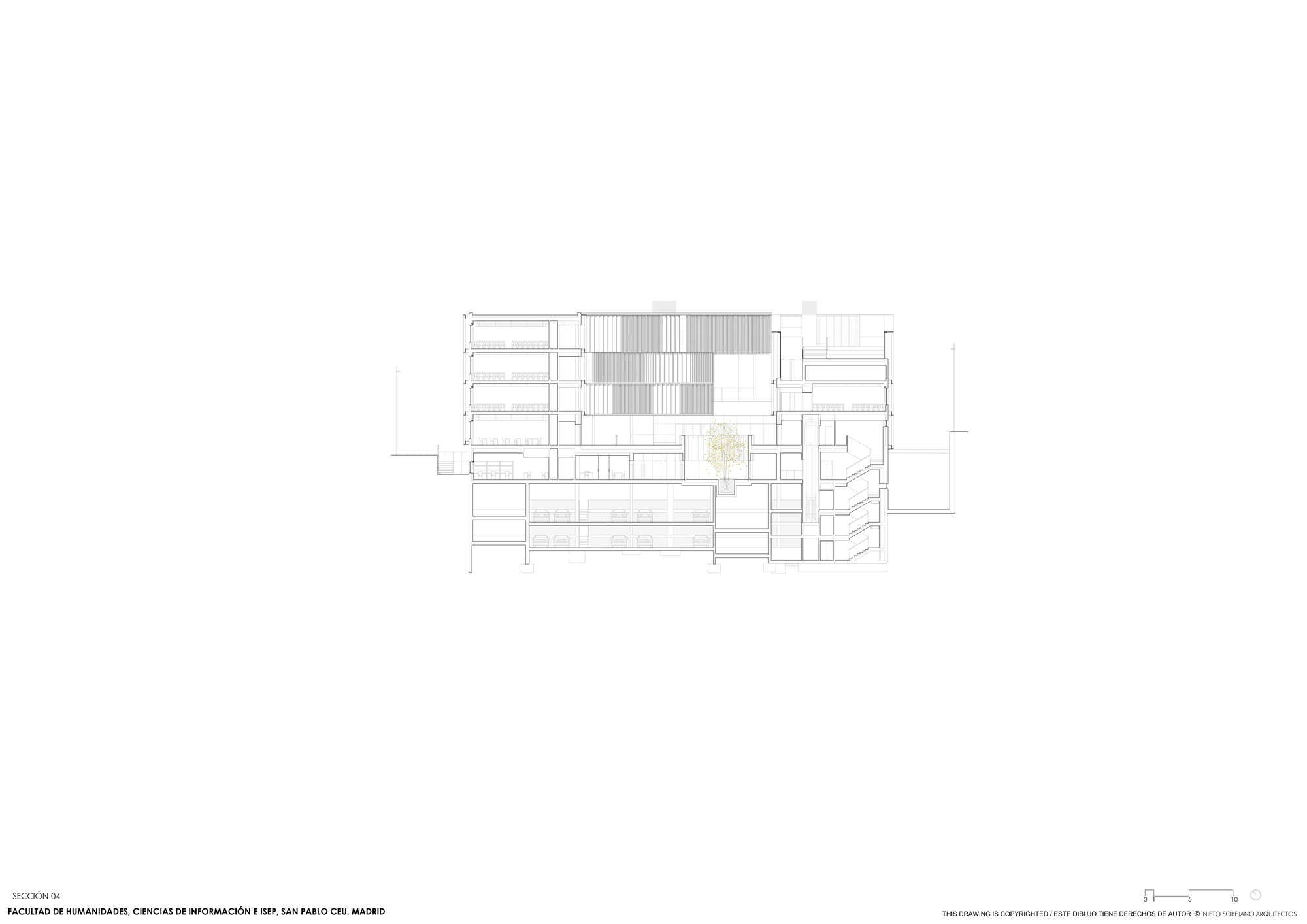 Section drawing displaying stacked floors with courtyards and a tree planted at the upper level