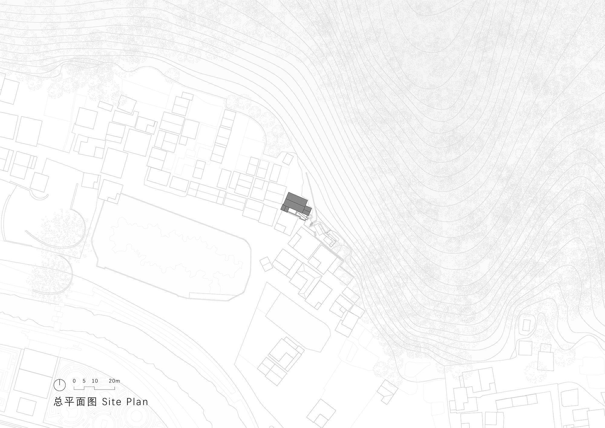 Site plan drawing showing a building nestled among neighboring structures and contoured hillside terrain