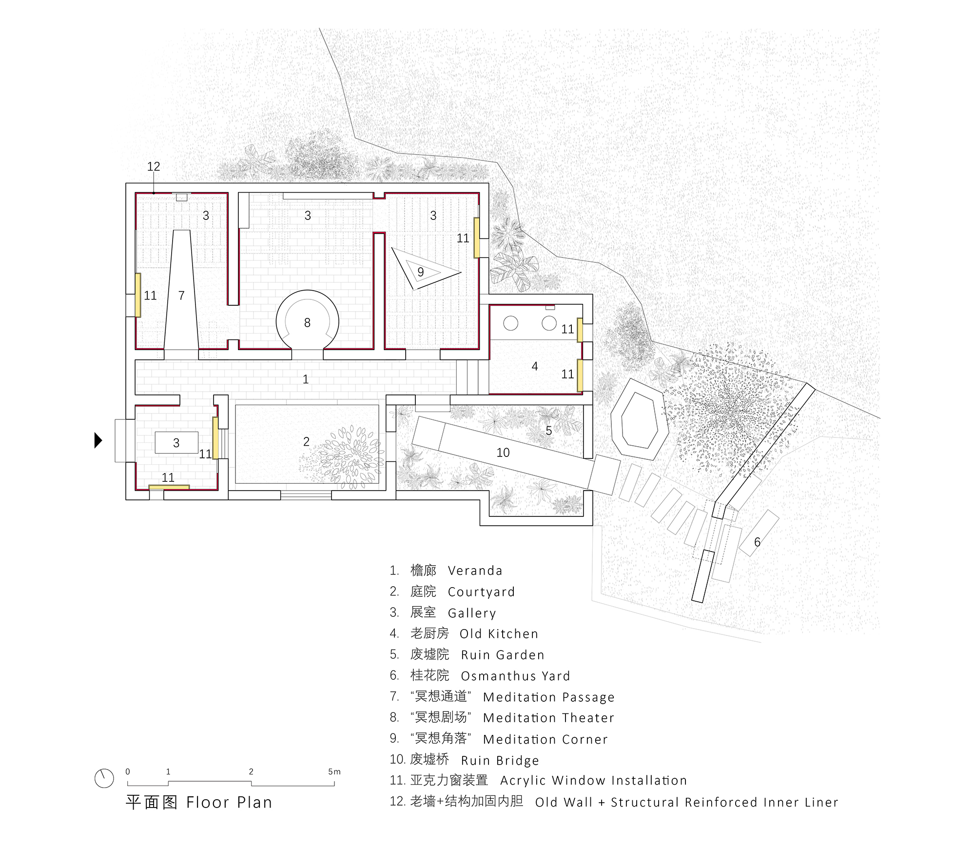 Floor plan drawing depicting interconnected rooms and courtyards with integrated planting areas and labeled spaces