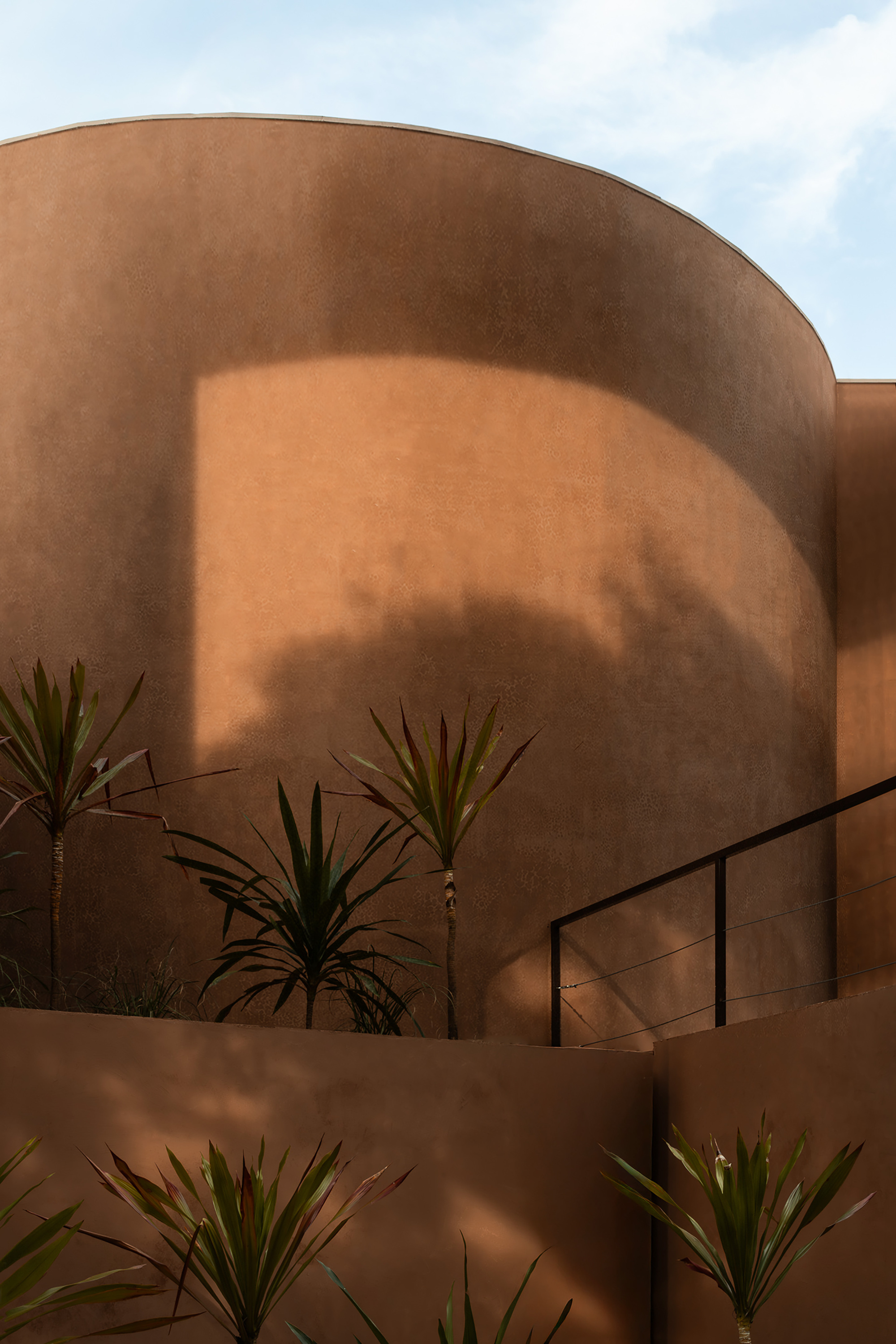 Curved earthen-toned stucco facade with planted beds of spiky palms in afternoon shadow