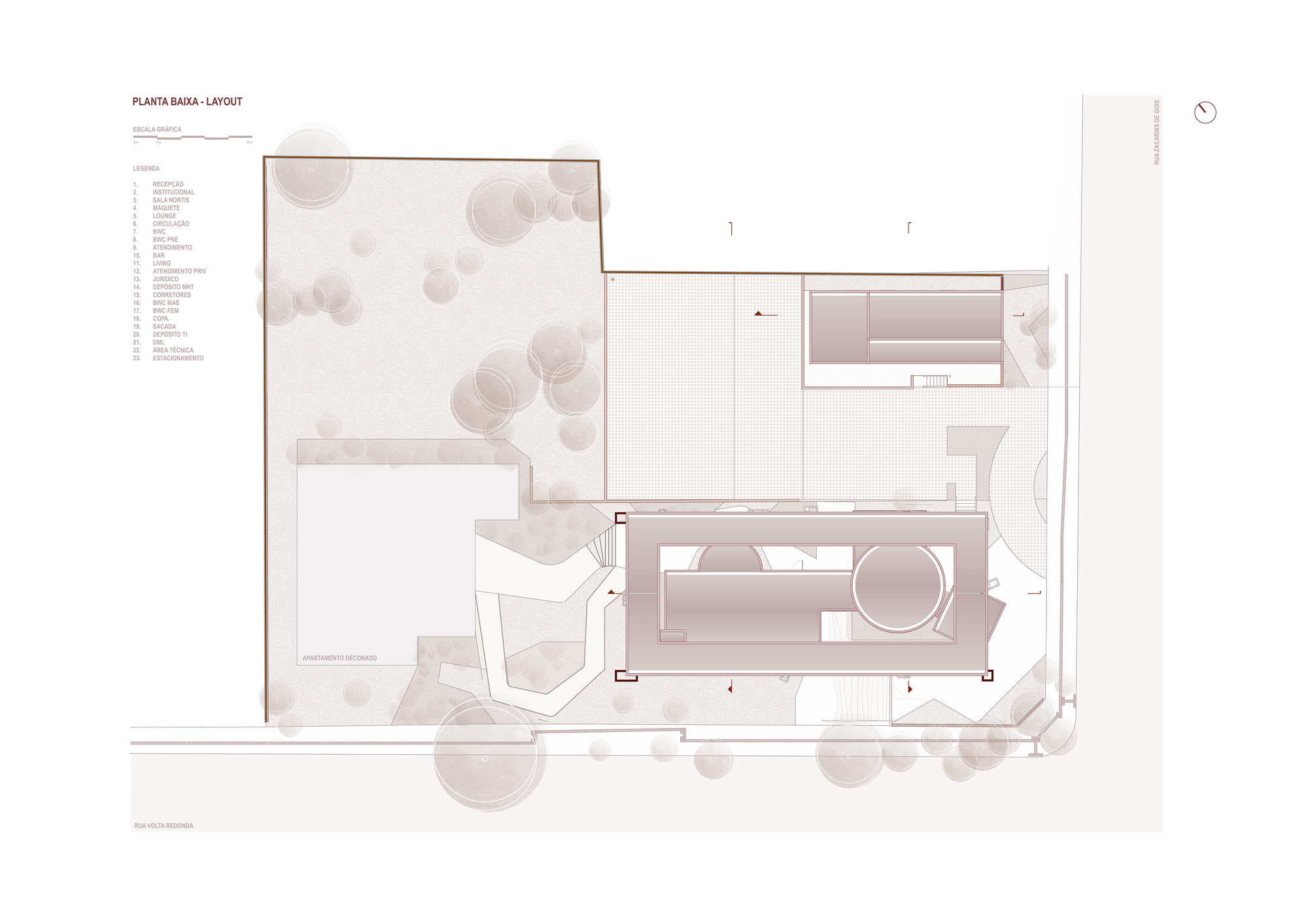 Ground floor plan drawing showing a pool, terraces, and tree canopies in muted tones