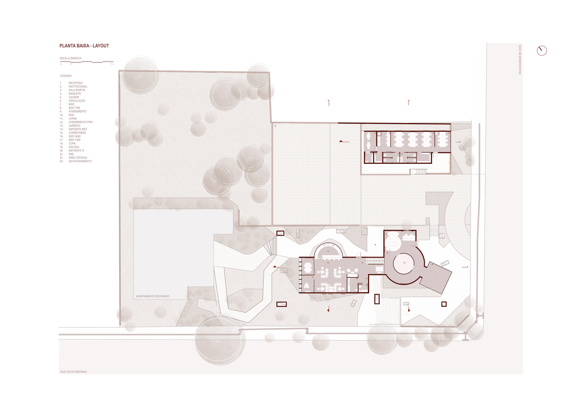 Upper floor plan drawing showing interior rooms arranged around a central circular volume