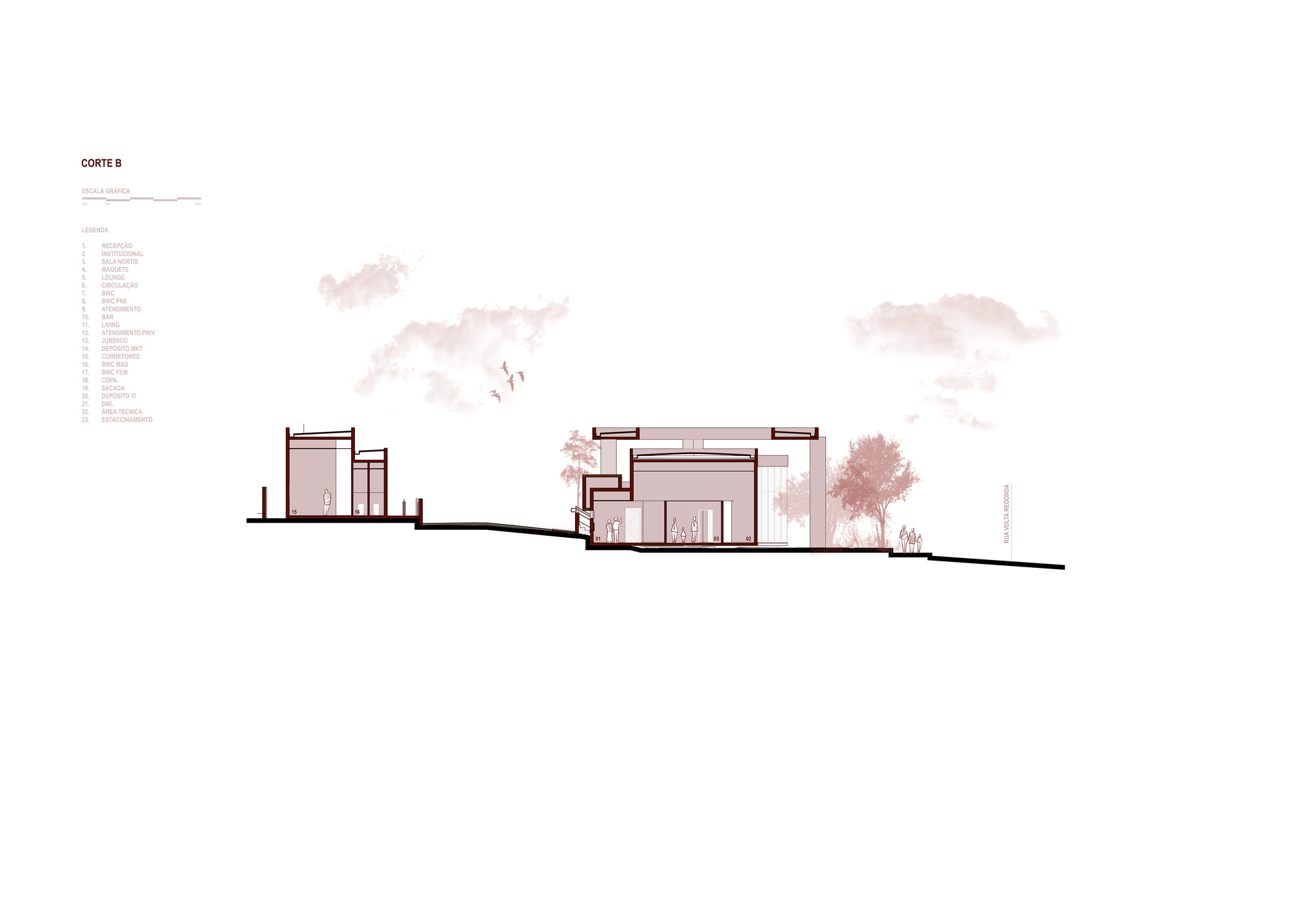 Section drawing revealing staggered roof planes, interior spaces, and surrounding tree silhouettes