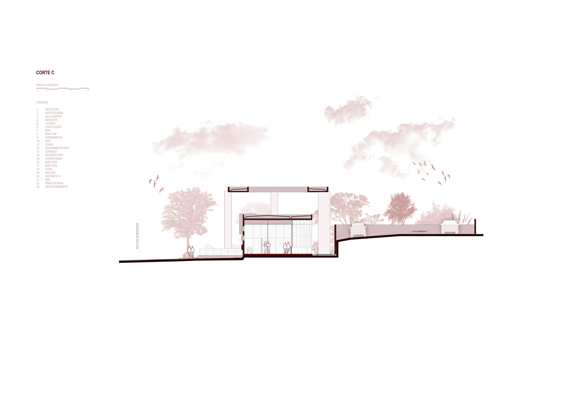 Section drawing showing split-level volumes with figures and surrounding trees in a landscape