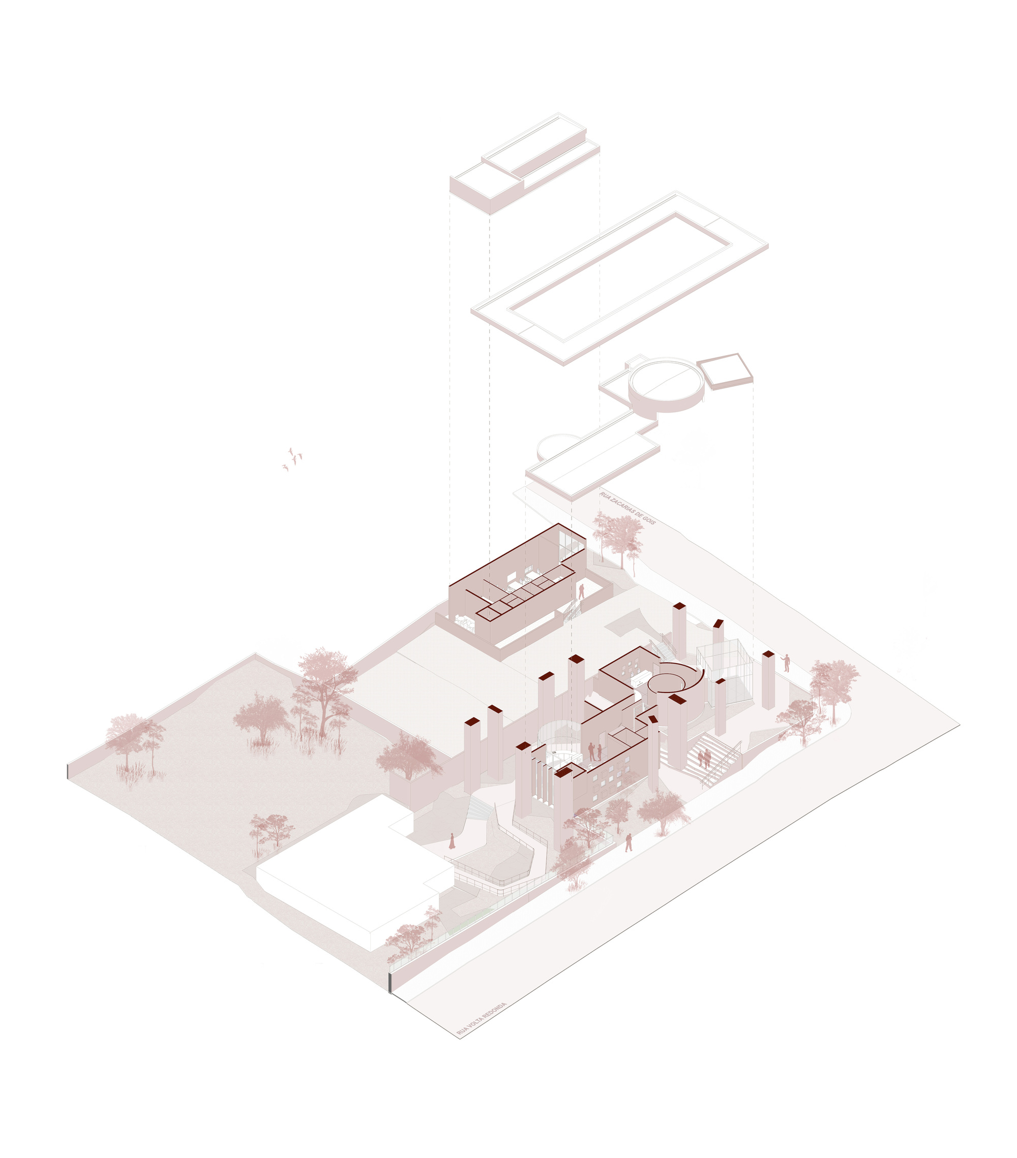 Exploded axonometric drawing depicting layered volumes with roofs and courtyards surrounded by trees