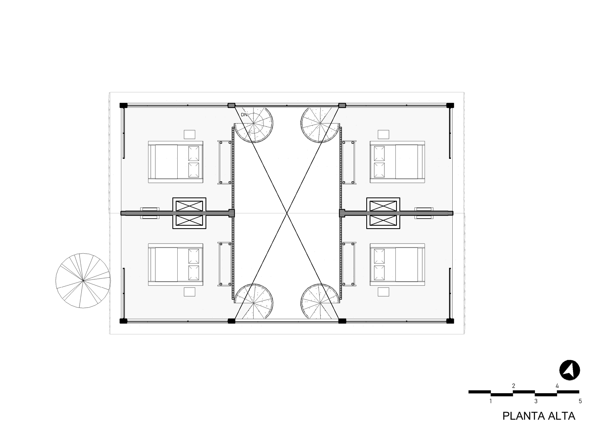 Upper floor plan drawing showing four rooms at corners with diagonal circulation lines and spiral stairs
