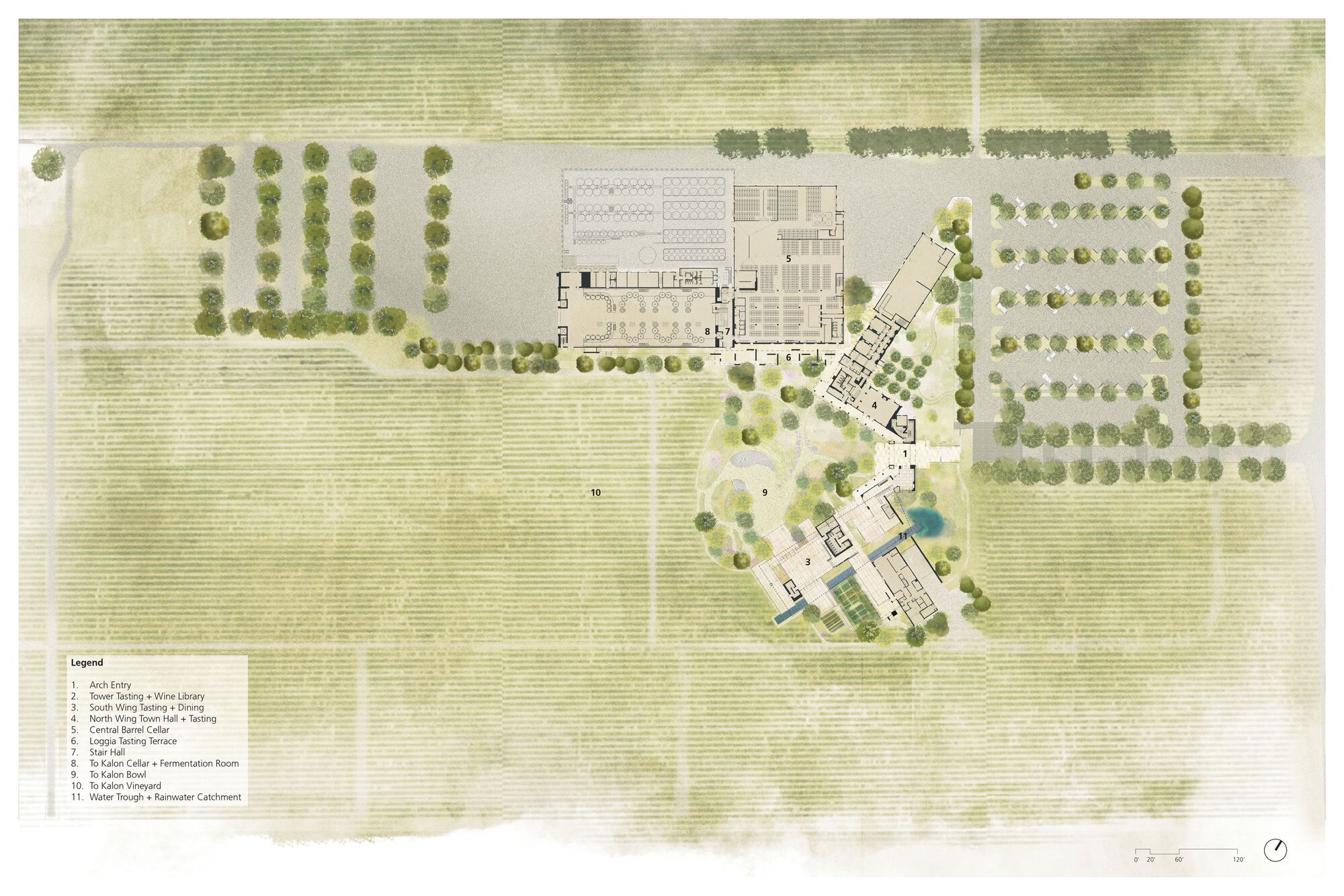 Site plan drawing showing three building wings amid orchards and agricultural fields