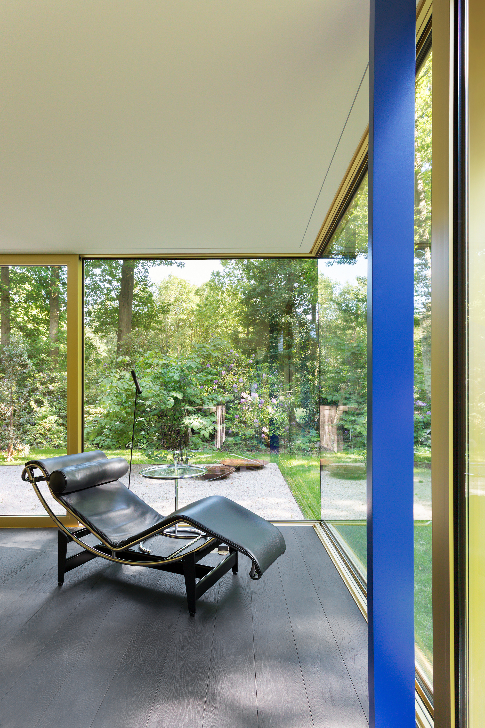 Corner window detail with blue steel column framing views of the surrounding woodland