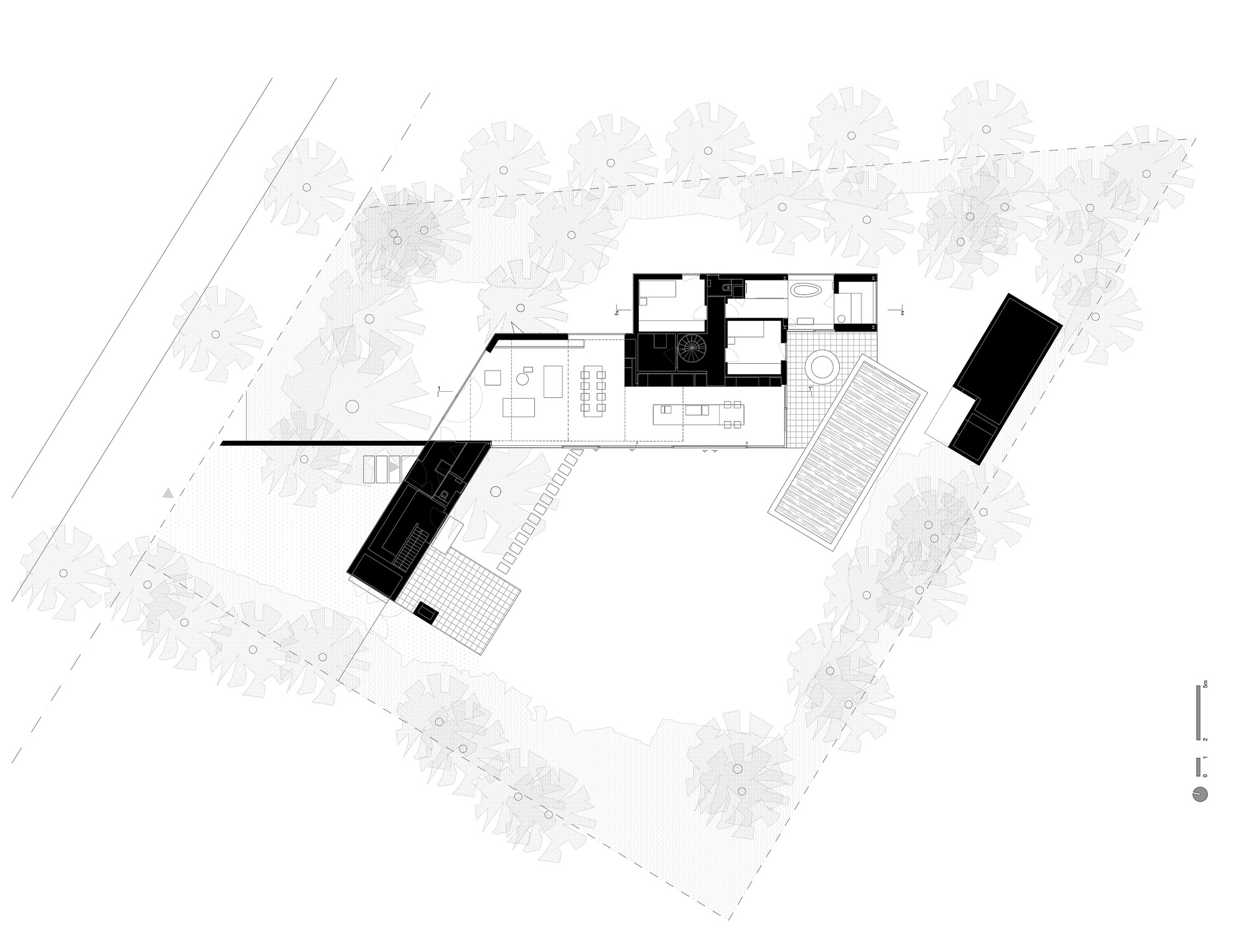 Site plan drawing showing angled building volumes arranged around a courtyard with surrounding tree canopy