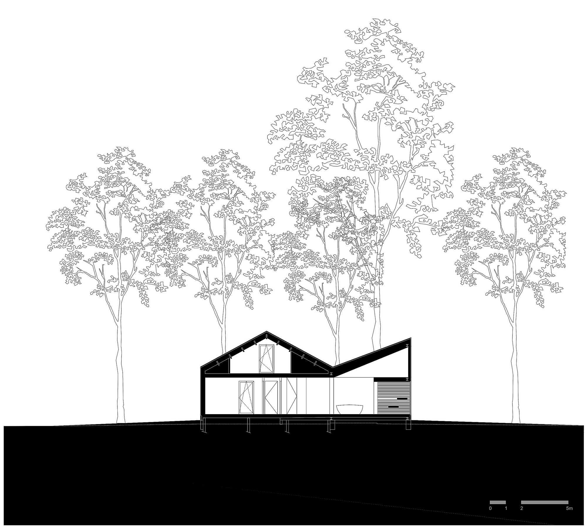 Section drawing showing timber framing and interior layout under a pitched roof surrounded by trees