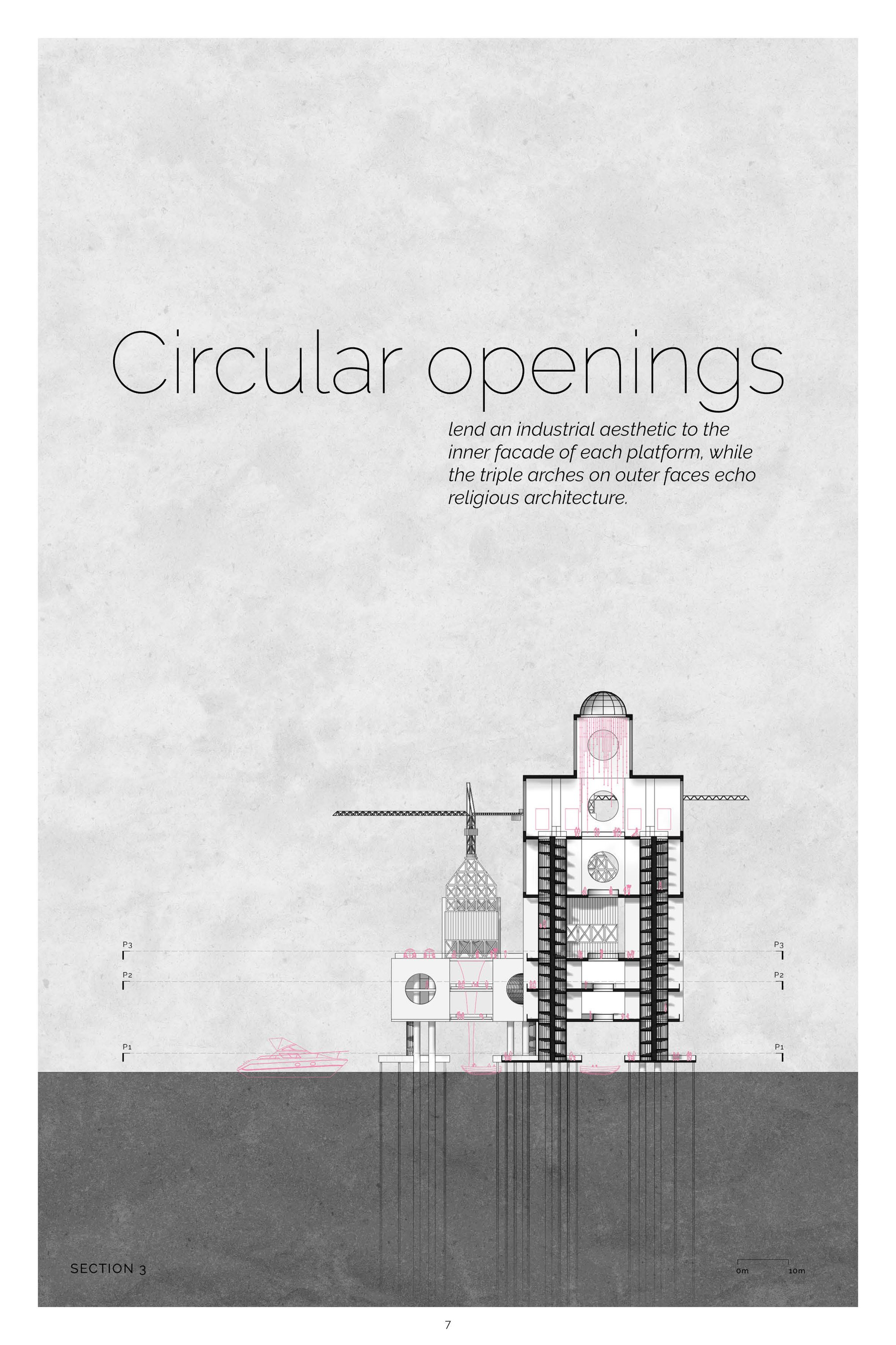 Circular openings and soaring arches merge maritime industrial aesthetics with the symbolism of sacred architecture.