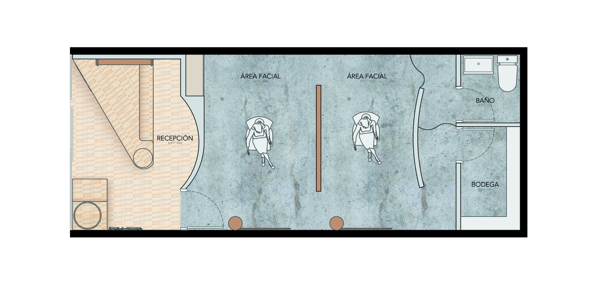 Floor plan drawing showing reception area and two treatment stations with bathroom and storage