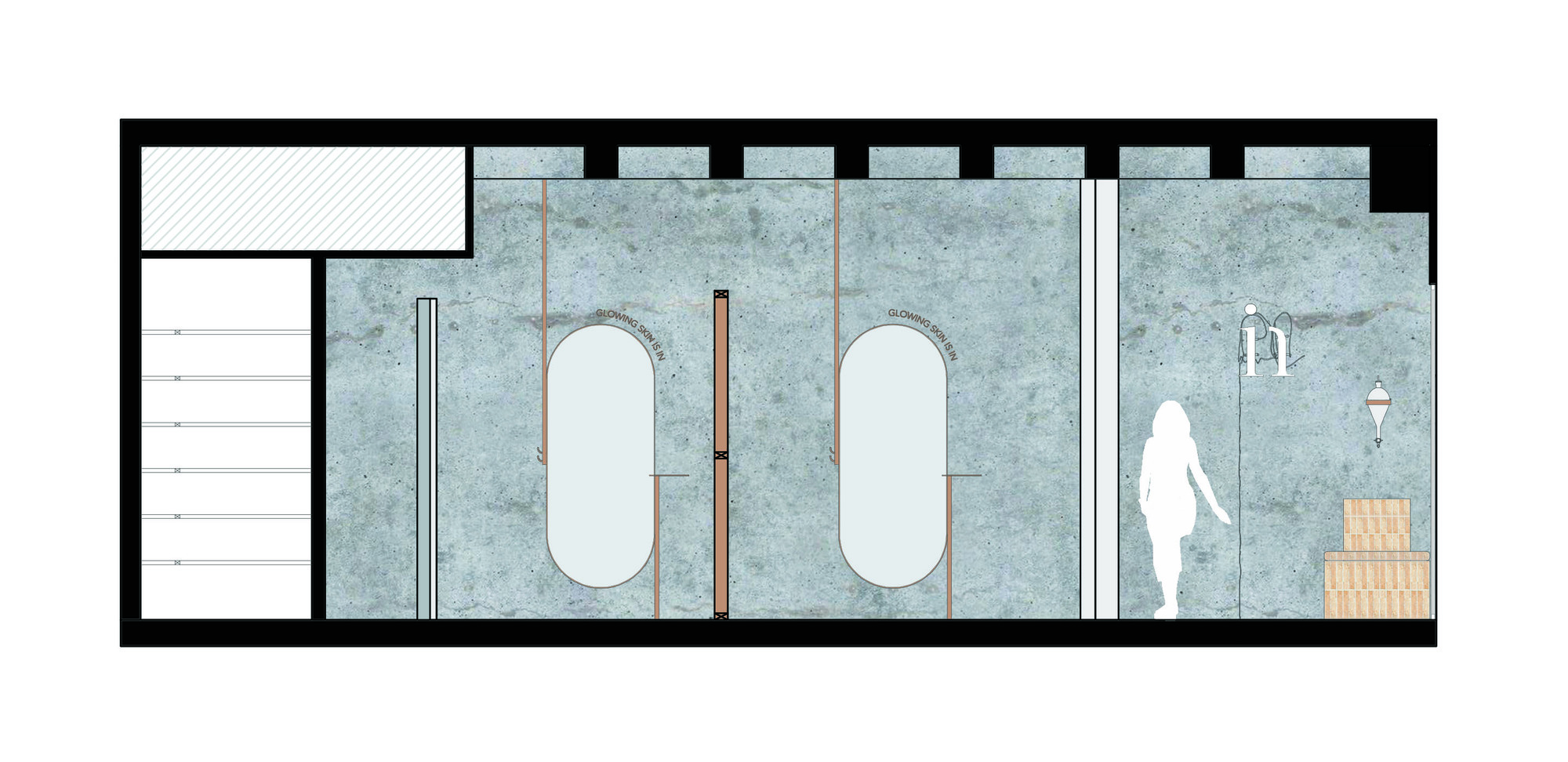 Section drawing illustrating two oval pools with dividing partition and figure for scale