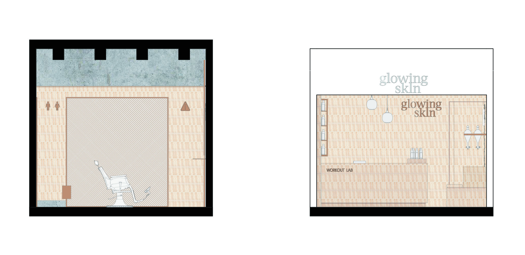 Two floor plan drawings showing room layouts with tiled areas and equipment placement
