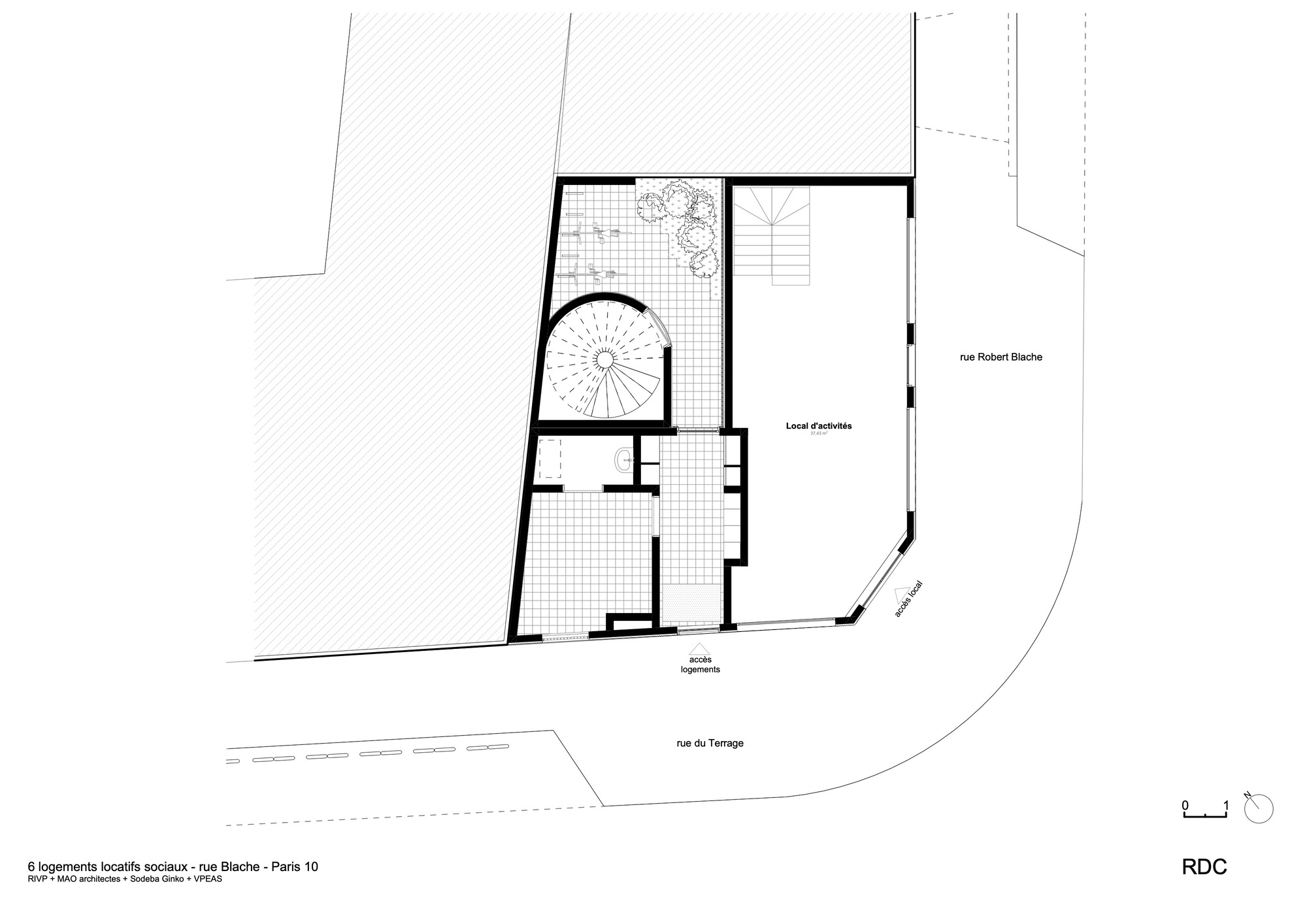 Ground floor plan drawing showing spiral stair volume and tiled terrace areas at building perimeter