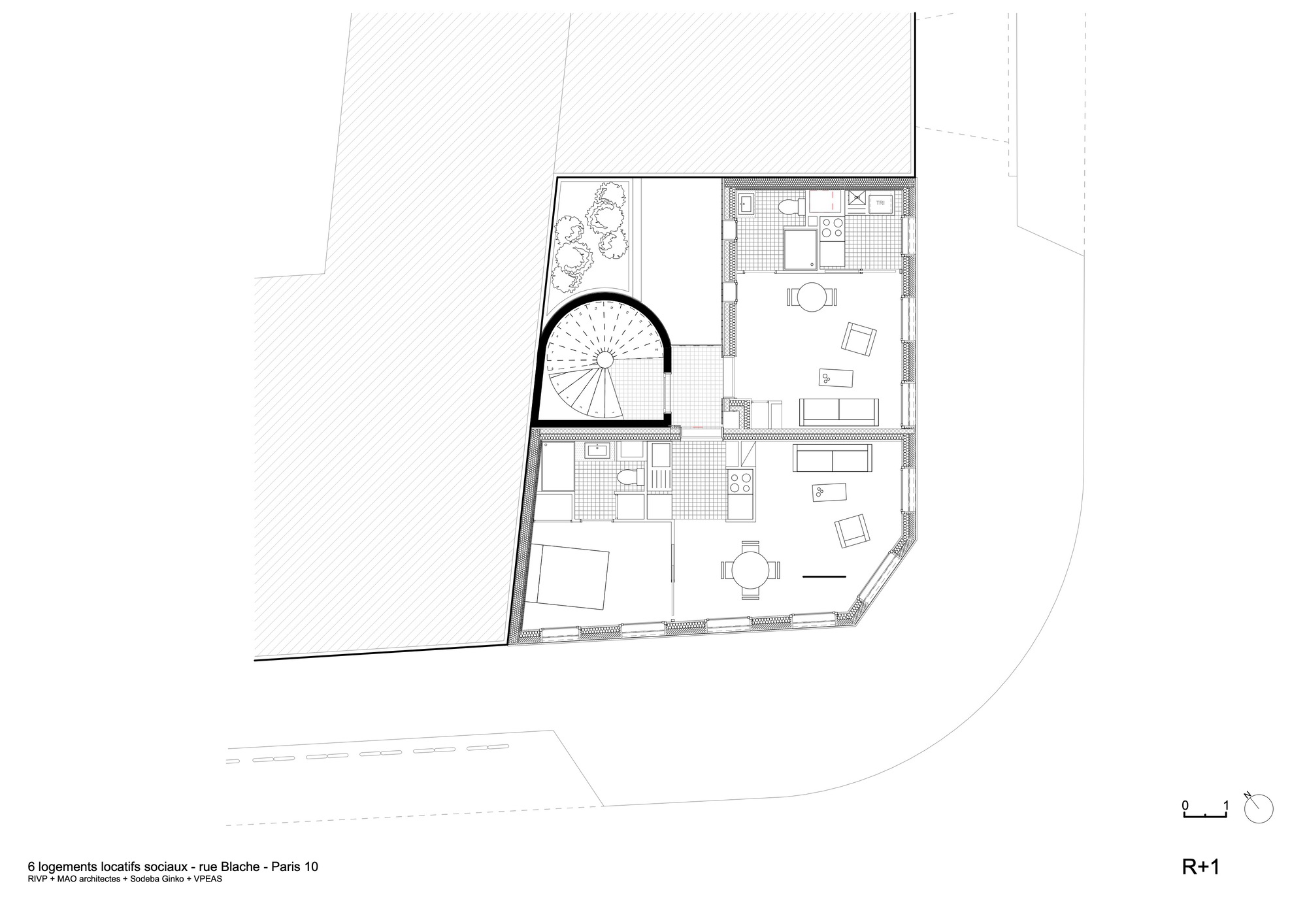 First floor plan drawing showing living spaces with spiral stair and rooftop terrace with plantings