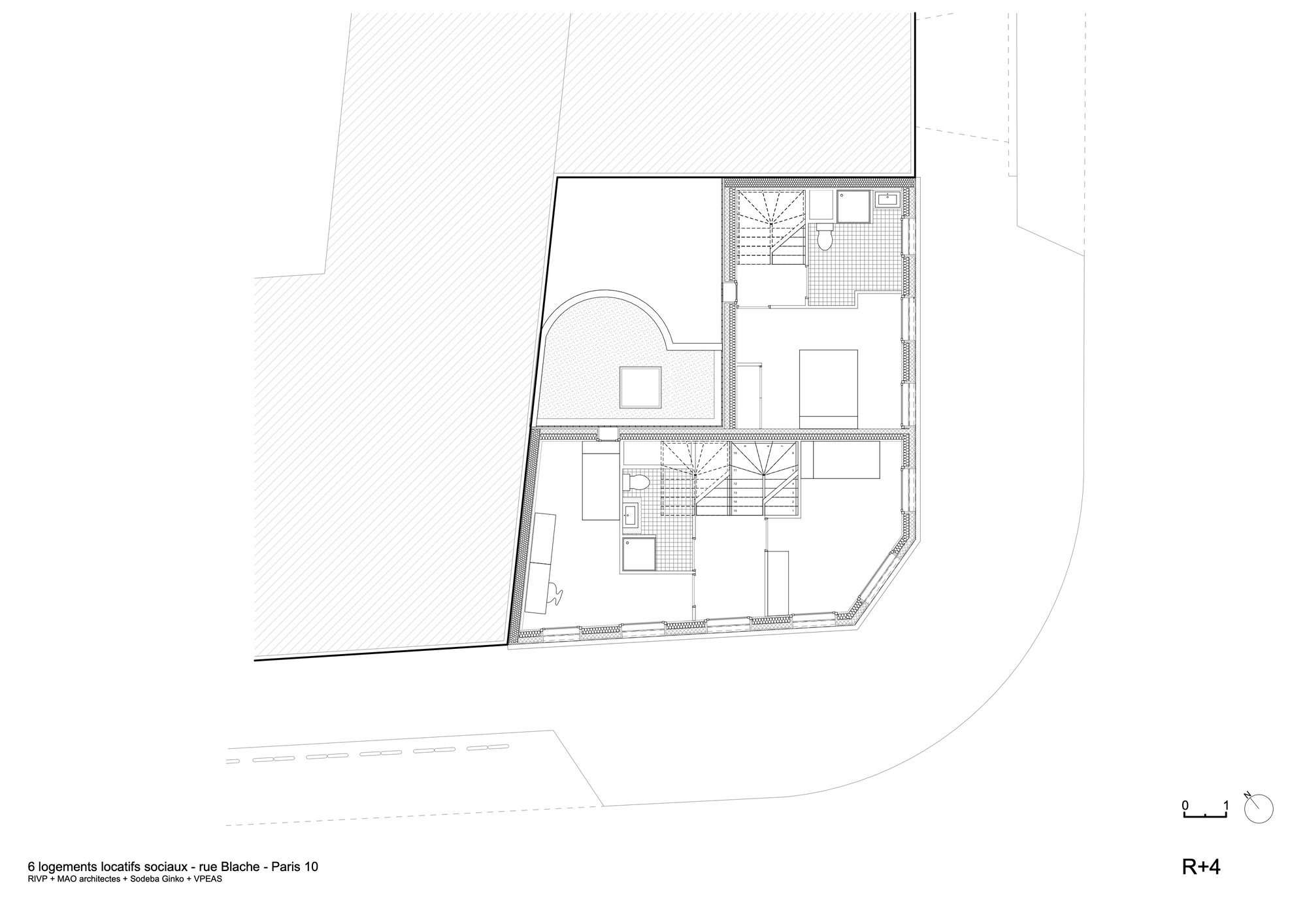 Fourth floor plan drawing showing two bedroom suites separated by central stair volumes