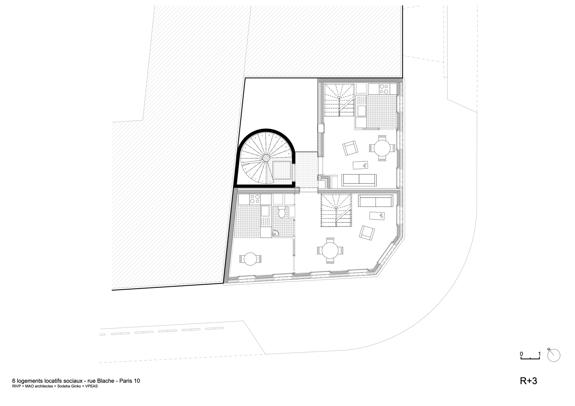 Third floor plan drawing showing open living area with spiral stair and dual circulation cores