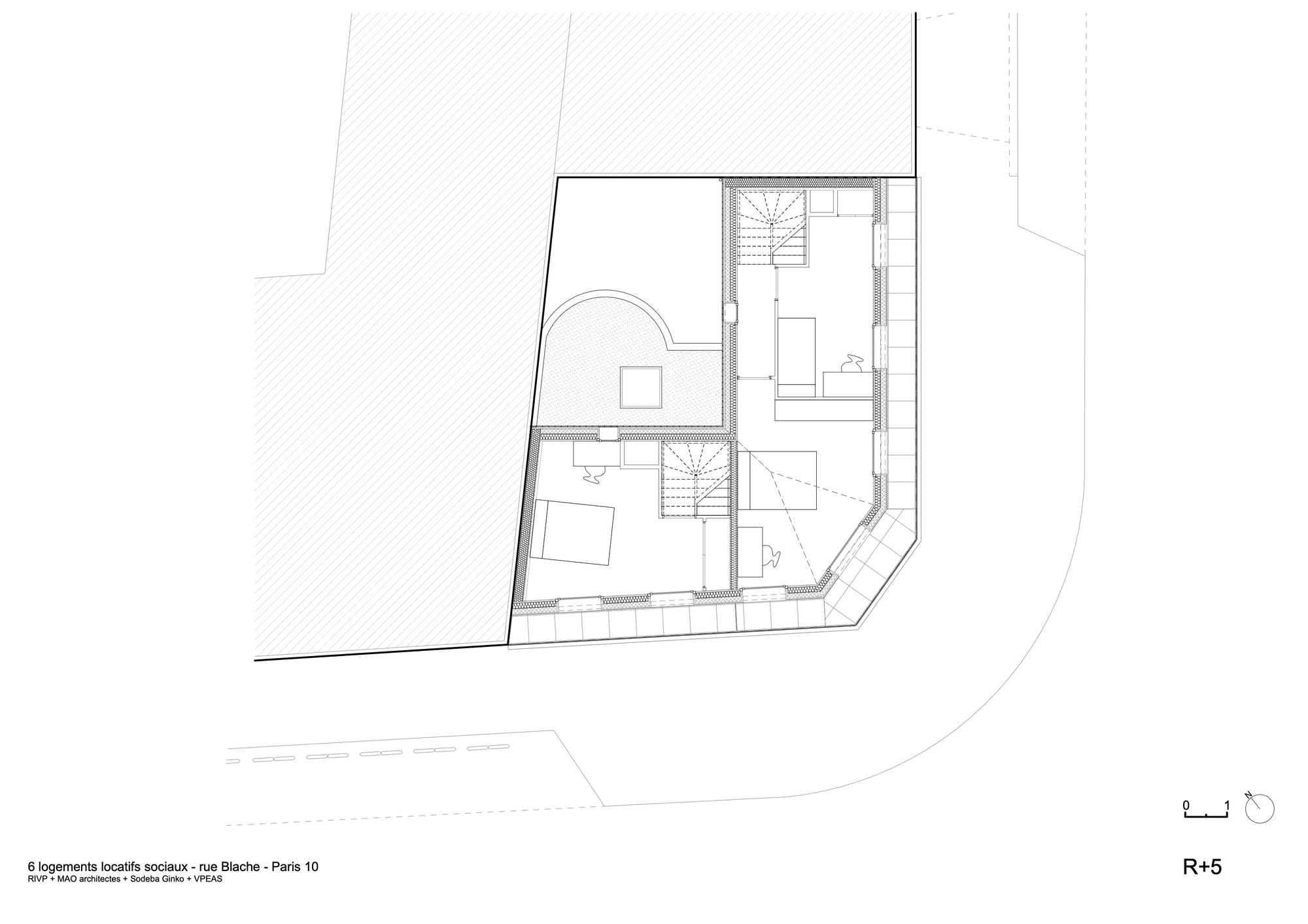 Fifth floor plan drawing showing two bedrooms with curved balcony and central stair connection